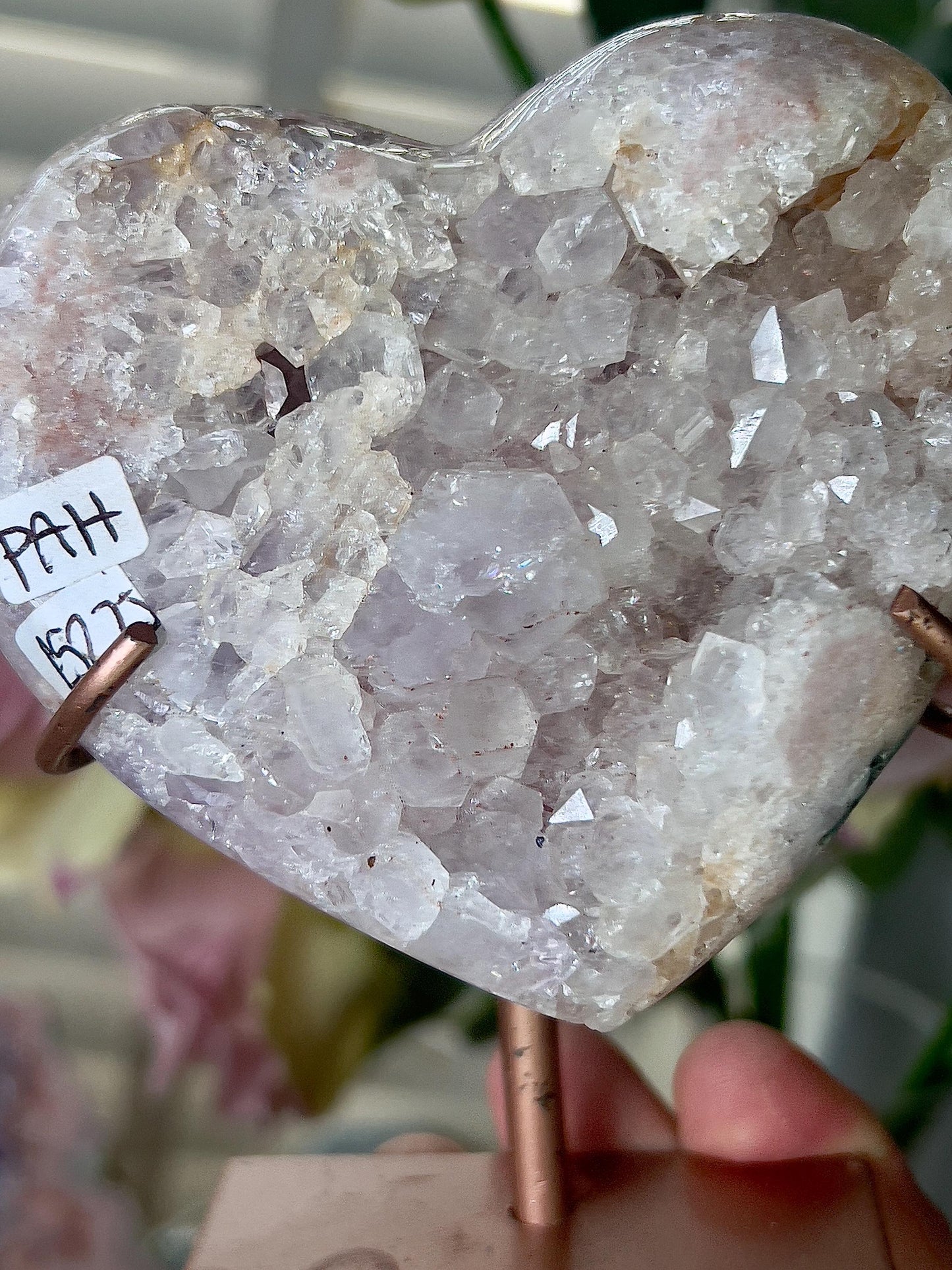Pink amethyst heart on stand