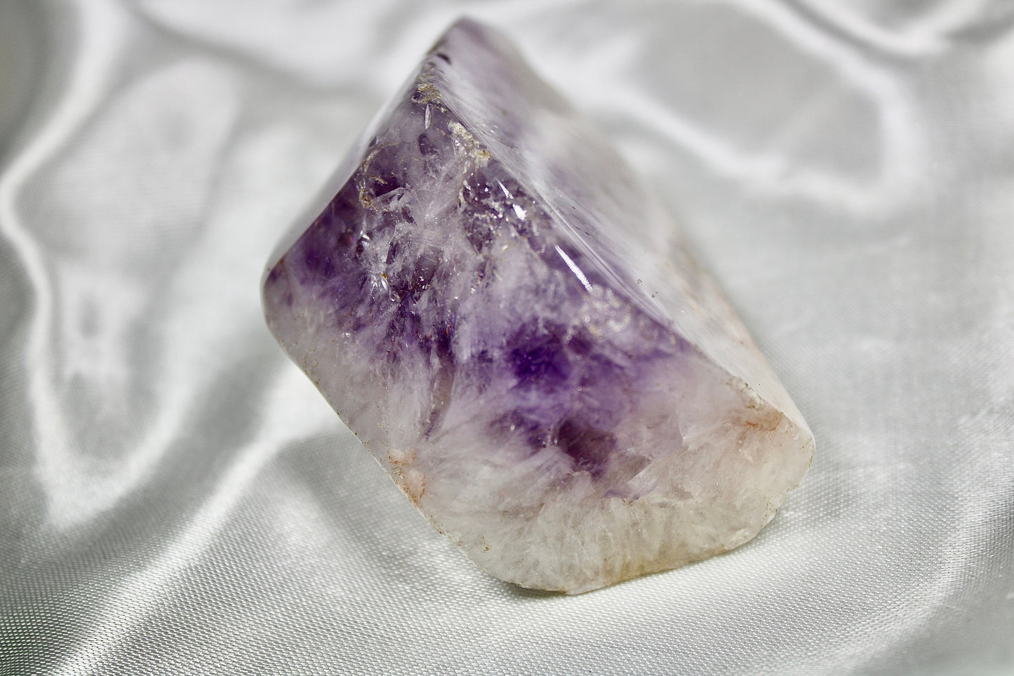 Polished, amethyst x flower agate freeform with crackle quartz 203g 8cm by 5cm