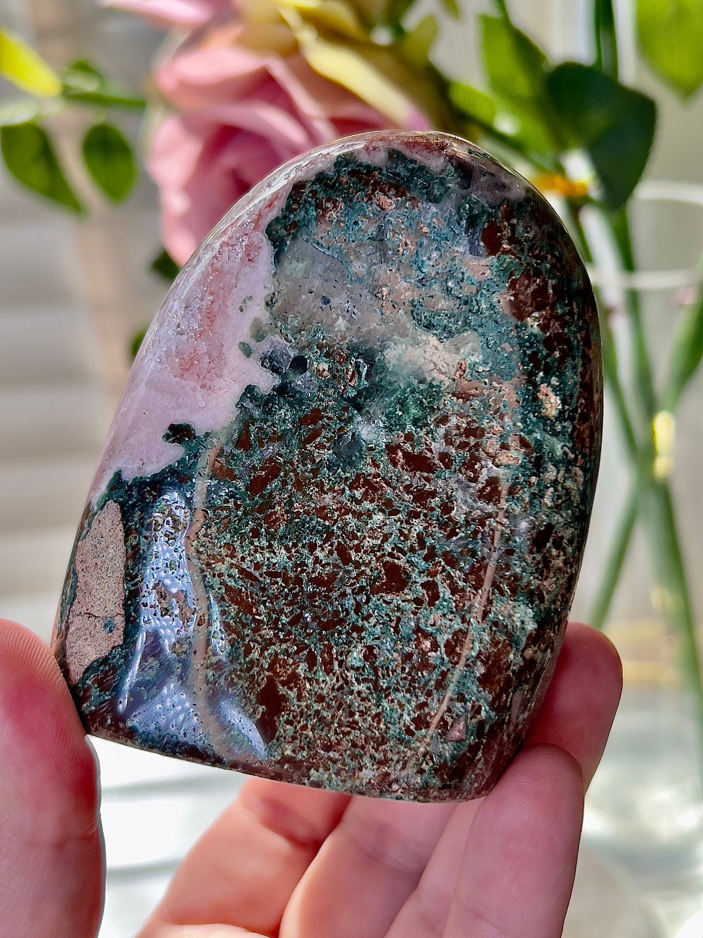 High grade pink amethyst, Freeform with purple quartz and green jasper