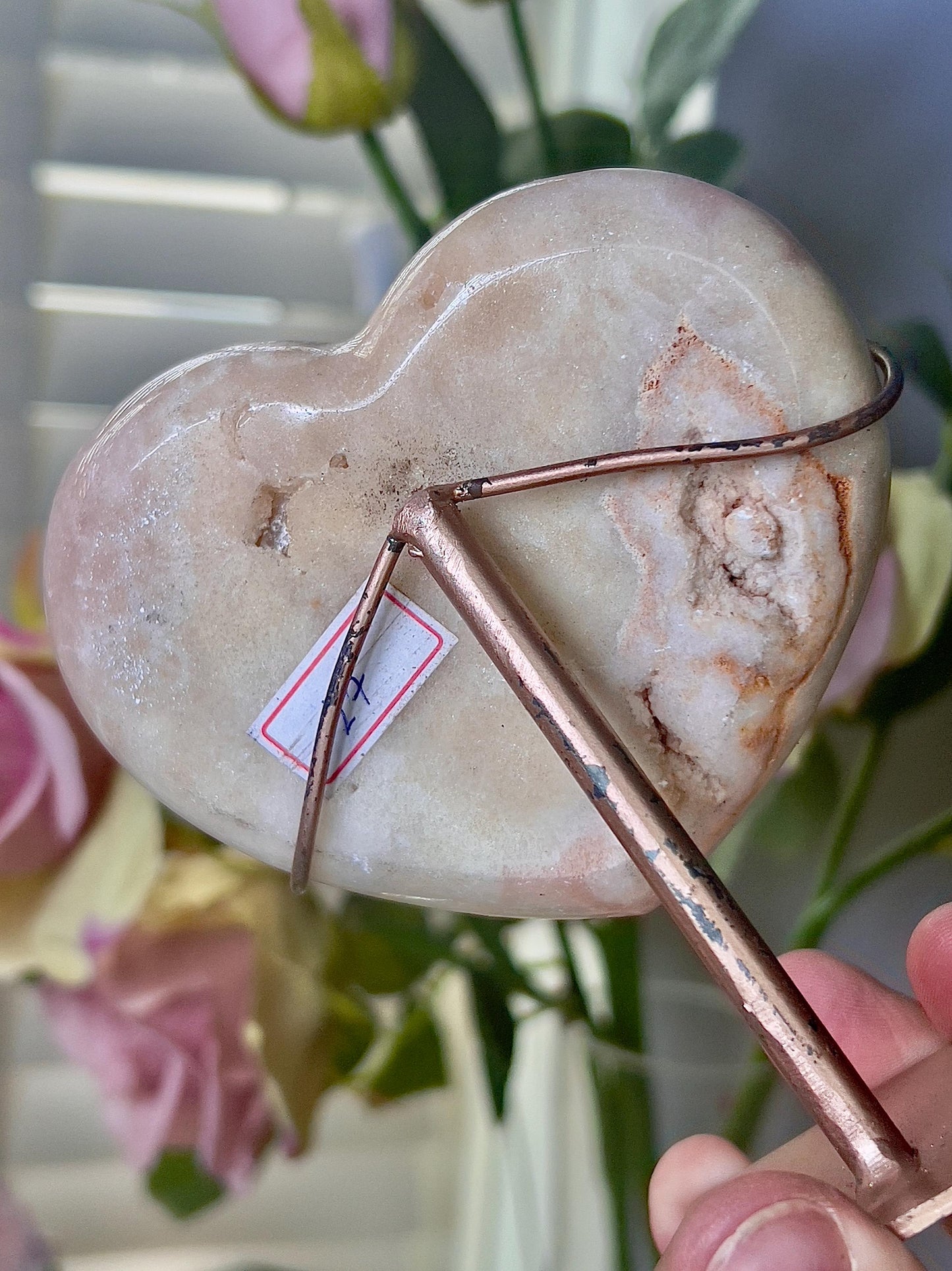 Pink amethyst heart with stand which has scratches (discount added) can easily be repainted