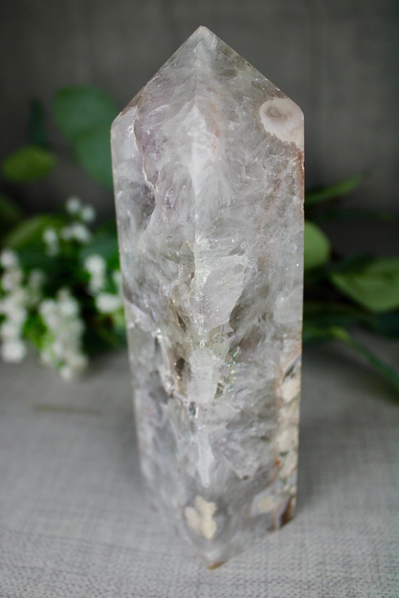 Green chlorite x flower agate tower 635g 16.5cm (H) 4.5cm (W)