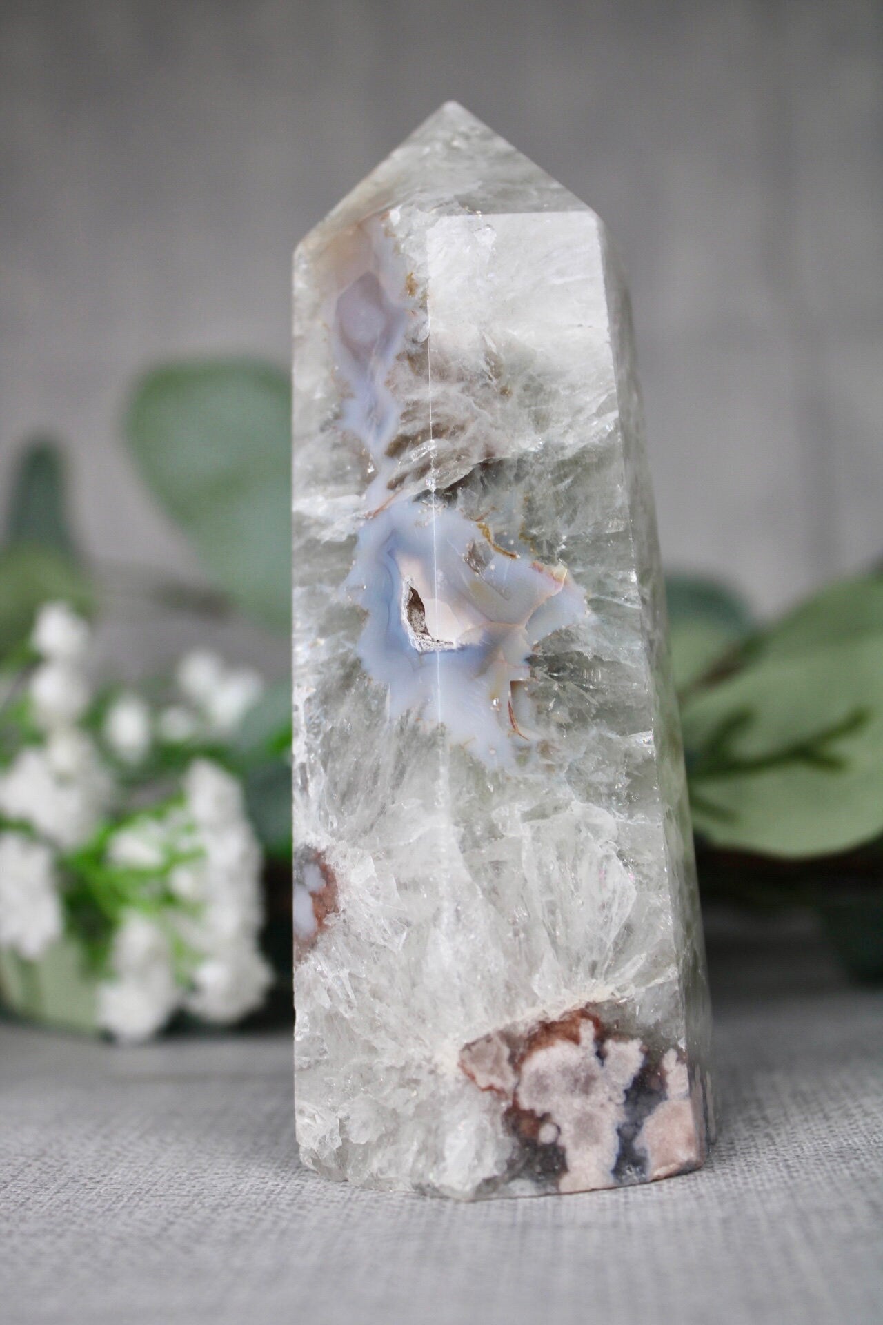 Green, Chlorite quartz, flower agate tower 325g 12cm (H) 4.5cm (W)