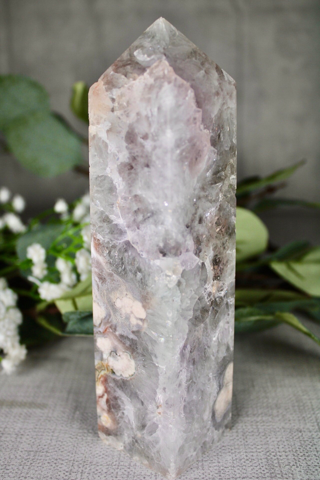 Green chlorite x flower agate tower 635g 16.5cm (H) 4.5cm (W)