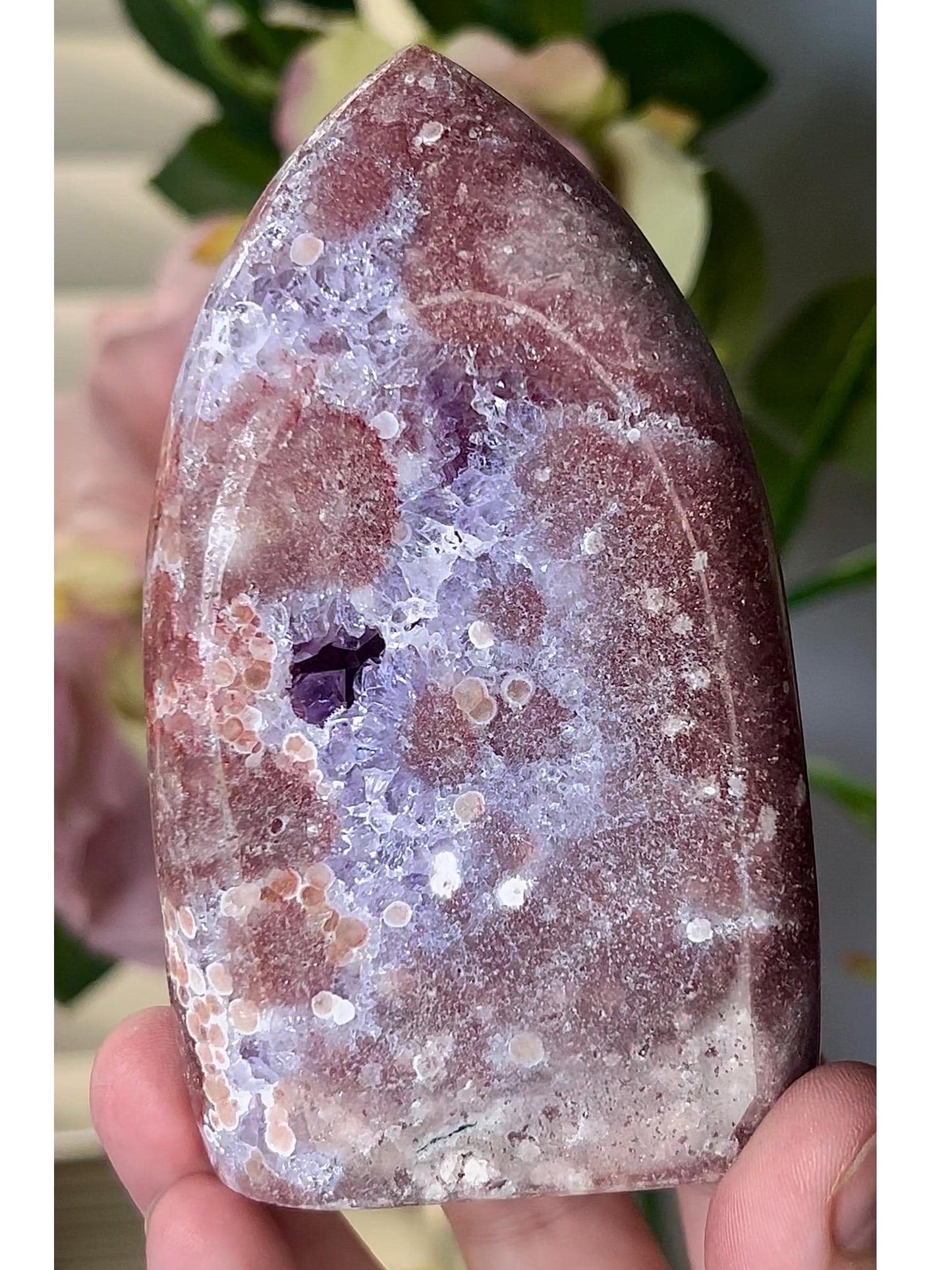 High grade, pink amethyst flame with purple quartz druzy 355g