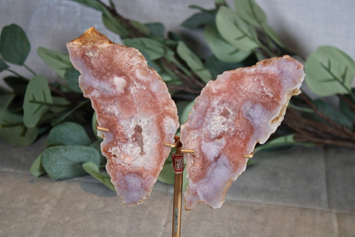 Pink amethyst x flower agate slab butterfly wings on stand