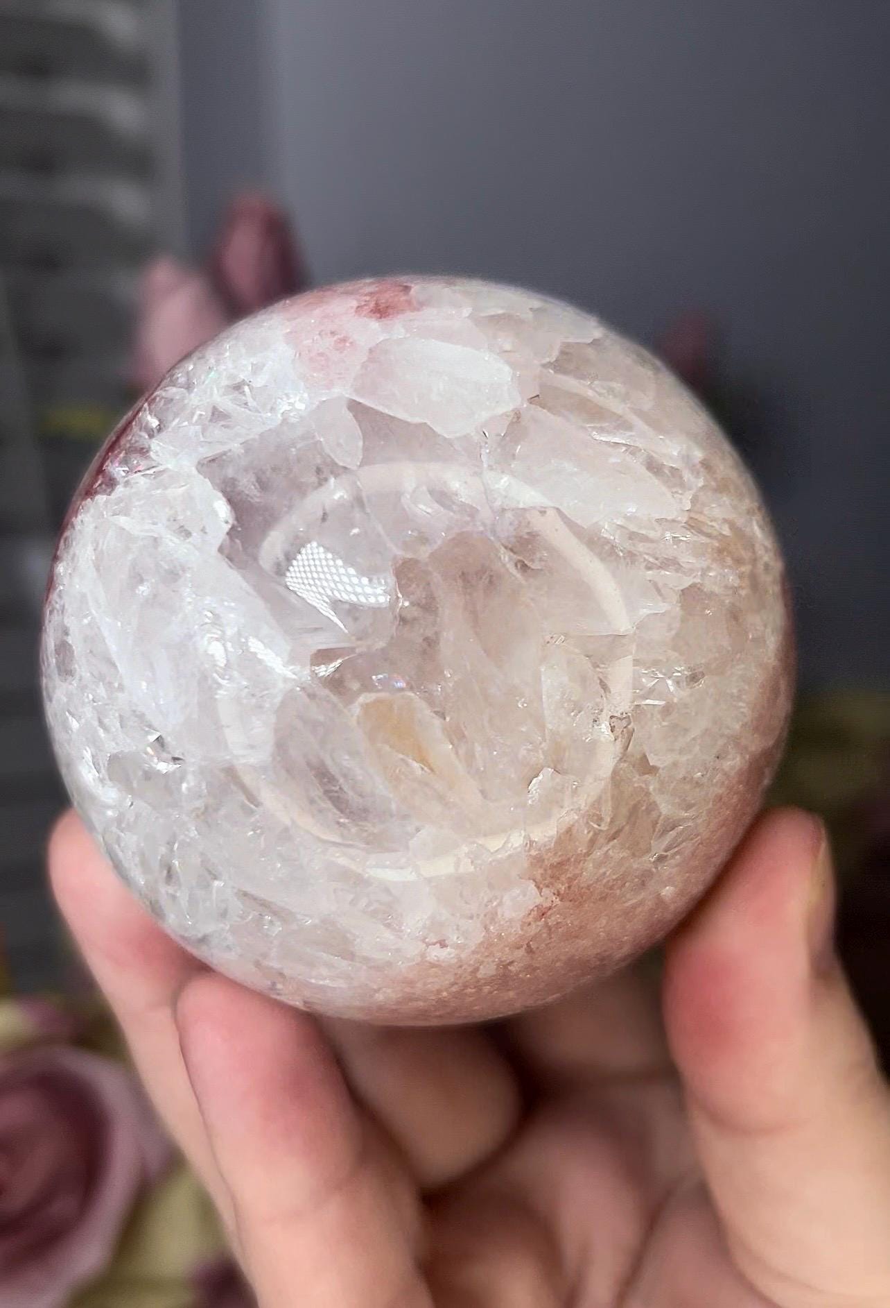 High grade, pink amethyst sphere with quartz 568g