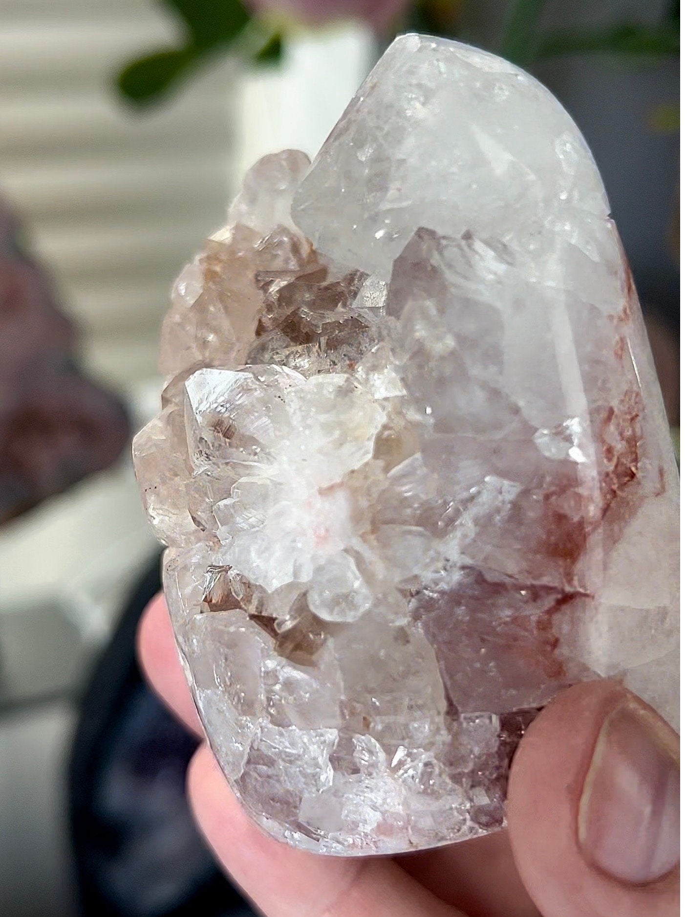pink amethyst freeform, with hematite banding, and chunky quartz teeth