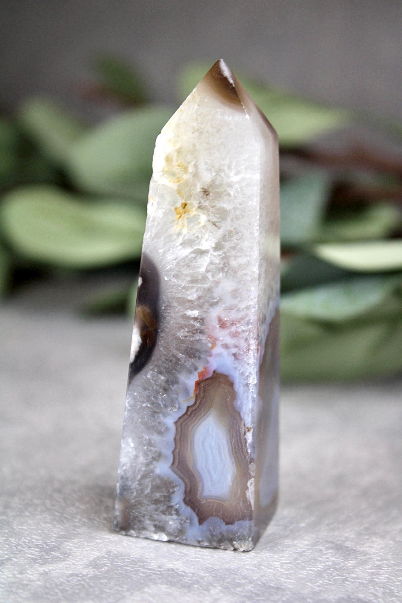 Gorgeous green chlorite tower x black flower agate