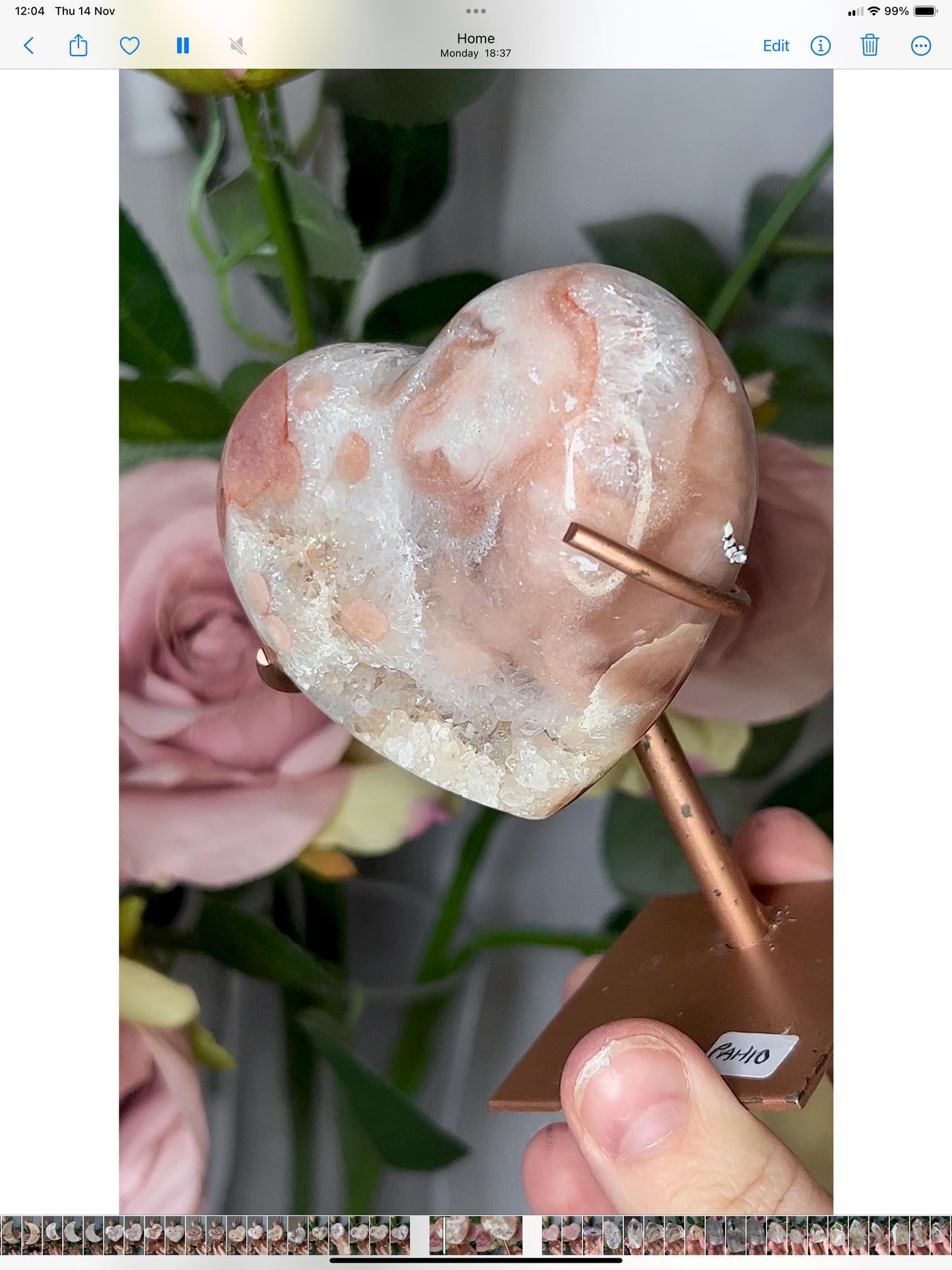 pink amethyst heart with quartz druzy comes with stand that is scratched (discount added)