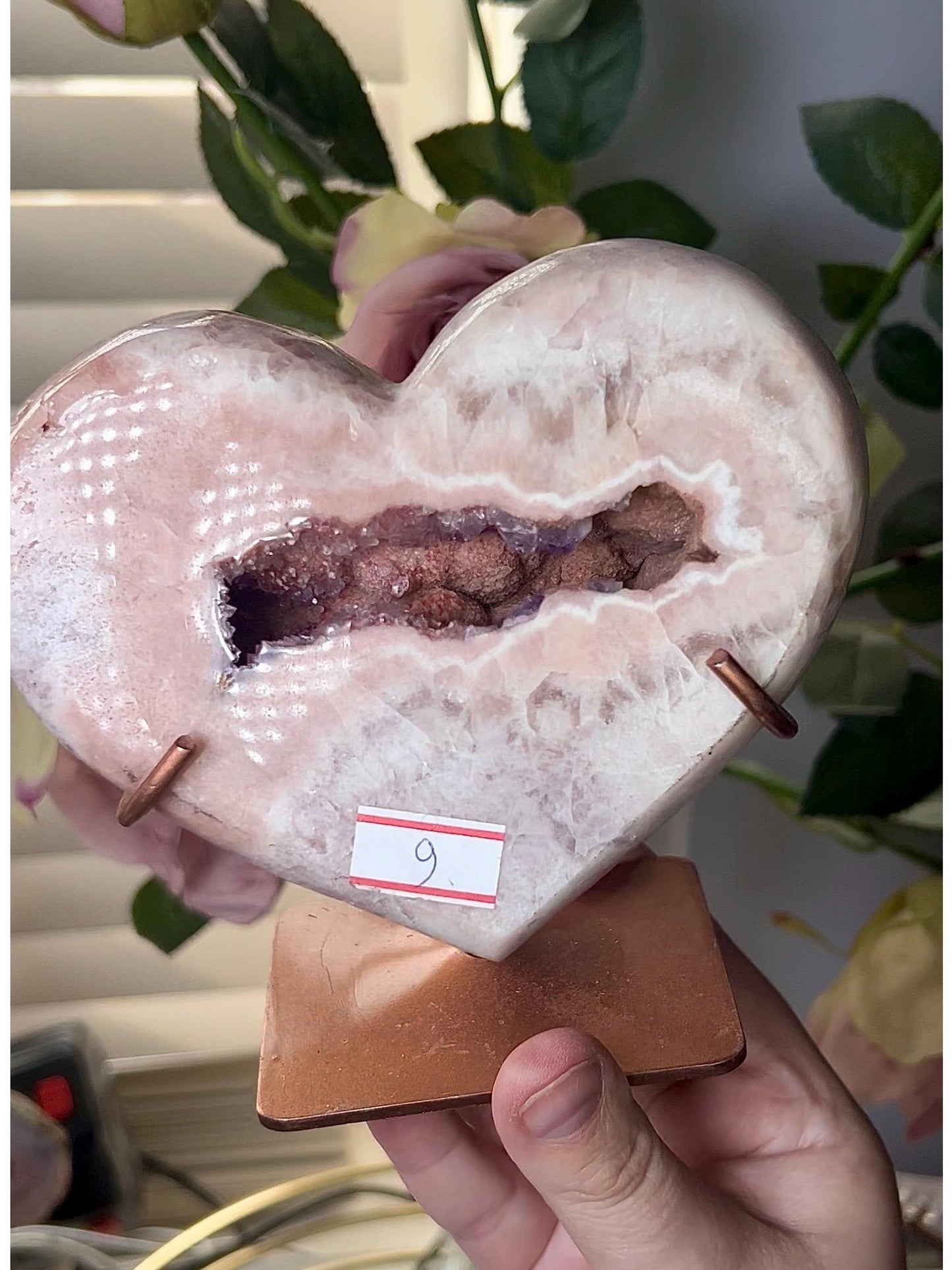 Extra high quality, large Chonky, pink amethyst heart, with purple/ red quartz druzy mouth 850g