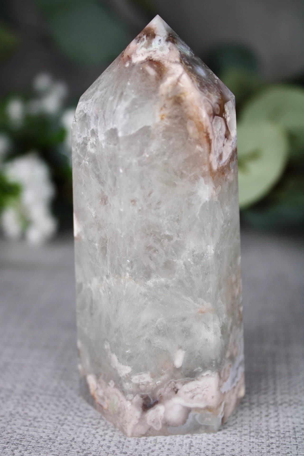 Green chlorite, flower agate, 6 side, polished tower 295g 11cm (H) 4.5cm (W)