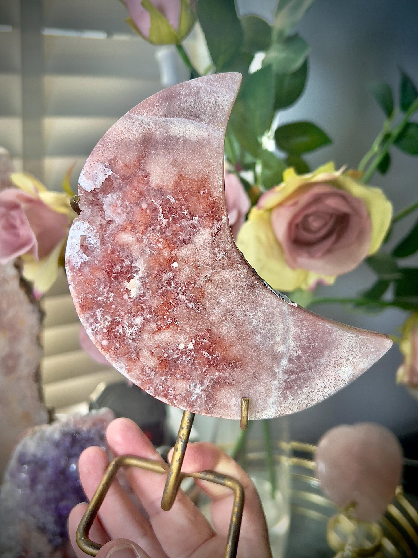 High grade, pink amethyst moon with red hematite, quartz druzy - stand is slightly scratched (see photos)