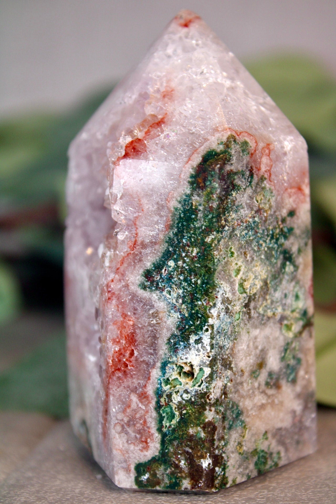 Pink amethyst x green jasper tower 340g 9cm high