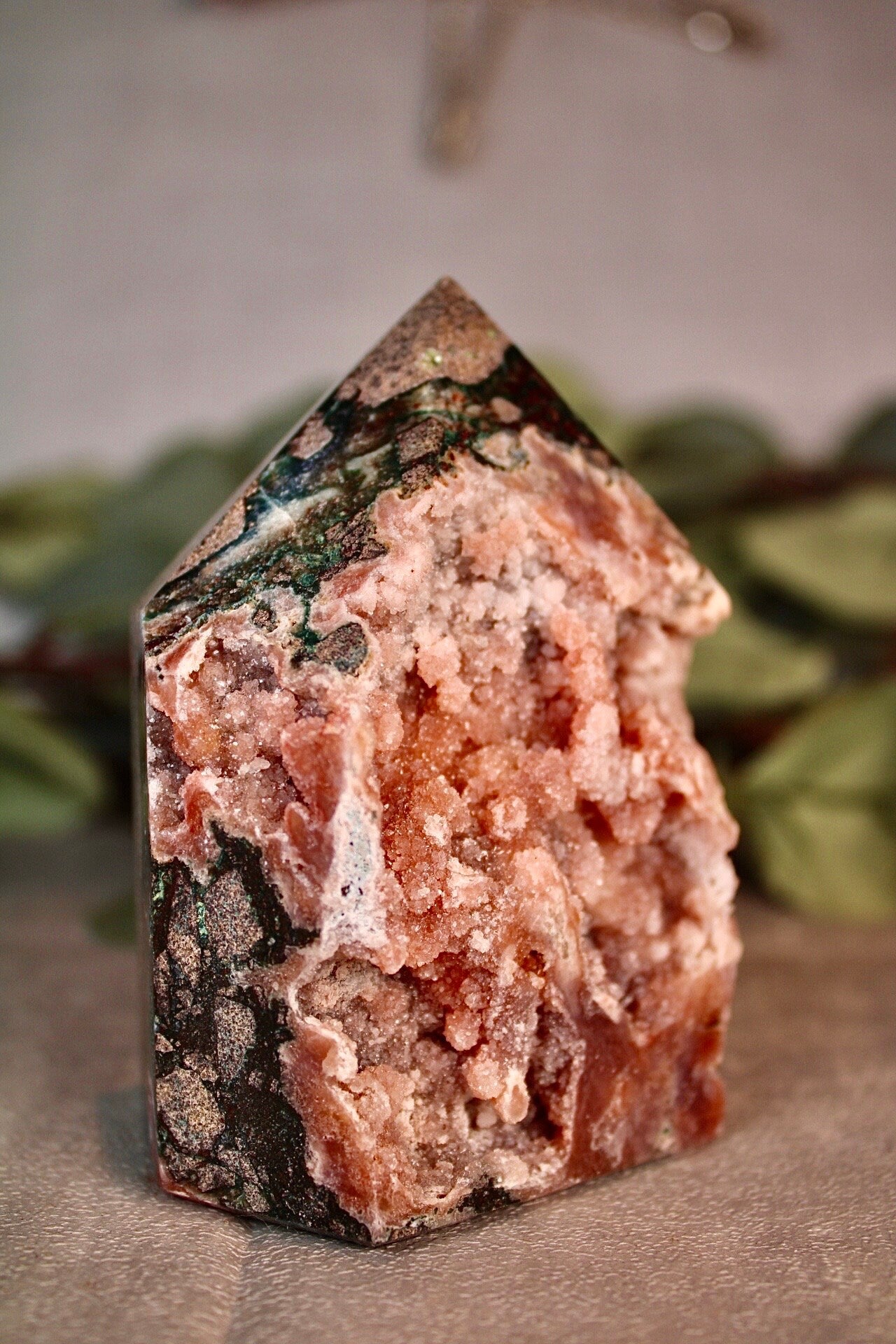 High grade Pink amethyst tower with peach toned sugar druzy - 500g 10cm high