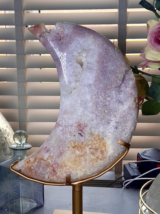 Incredible huge statement, high quality, Pink amethyst, moon with rainbow quartz & citrine inclusion, on spinning stand