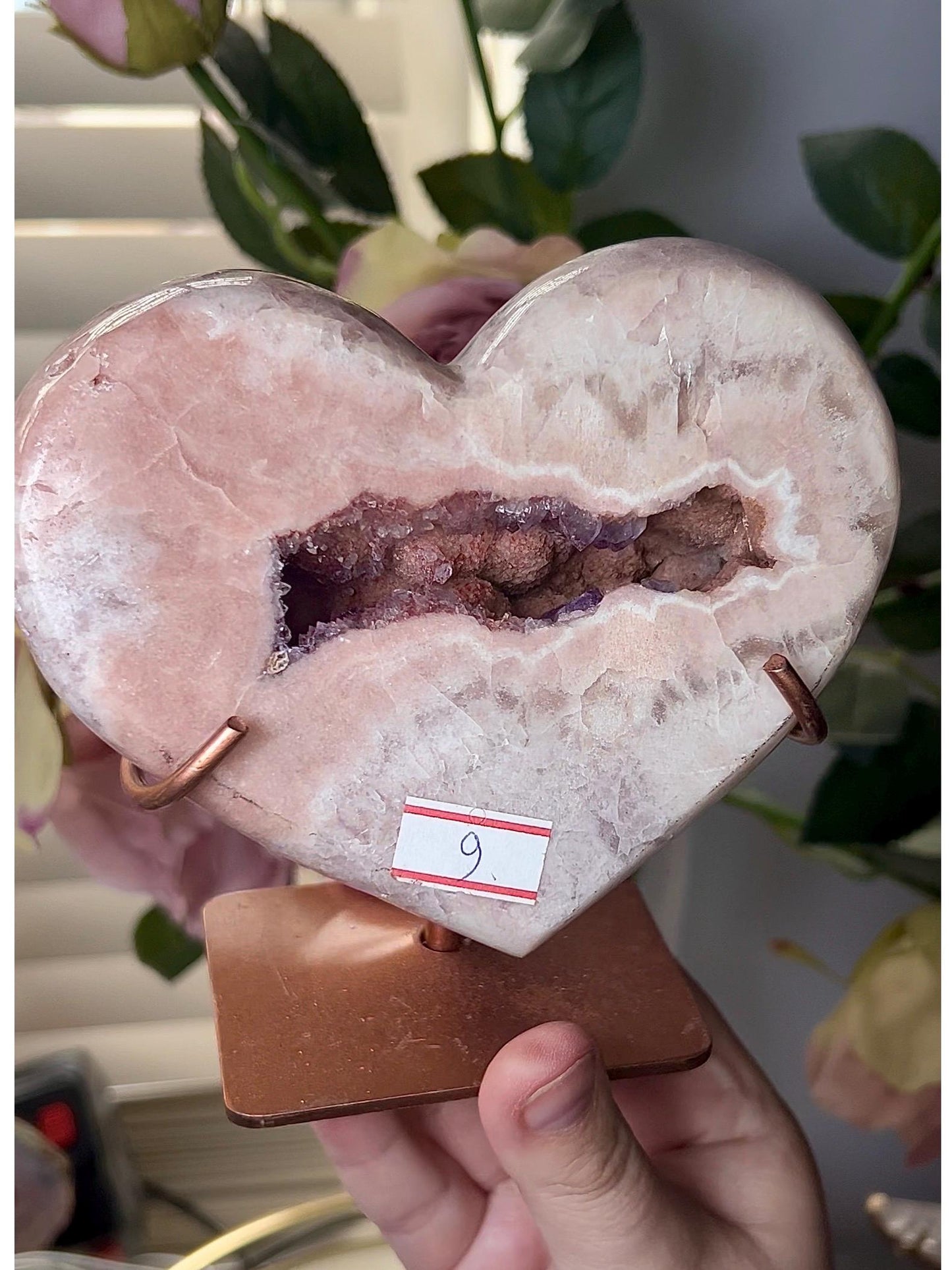 Extra high quality, large Chonky, pink amethyst heart, with purple/ red quartz druzy mouth 850g