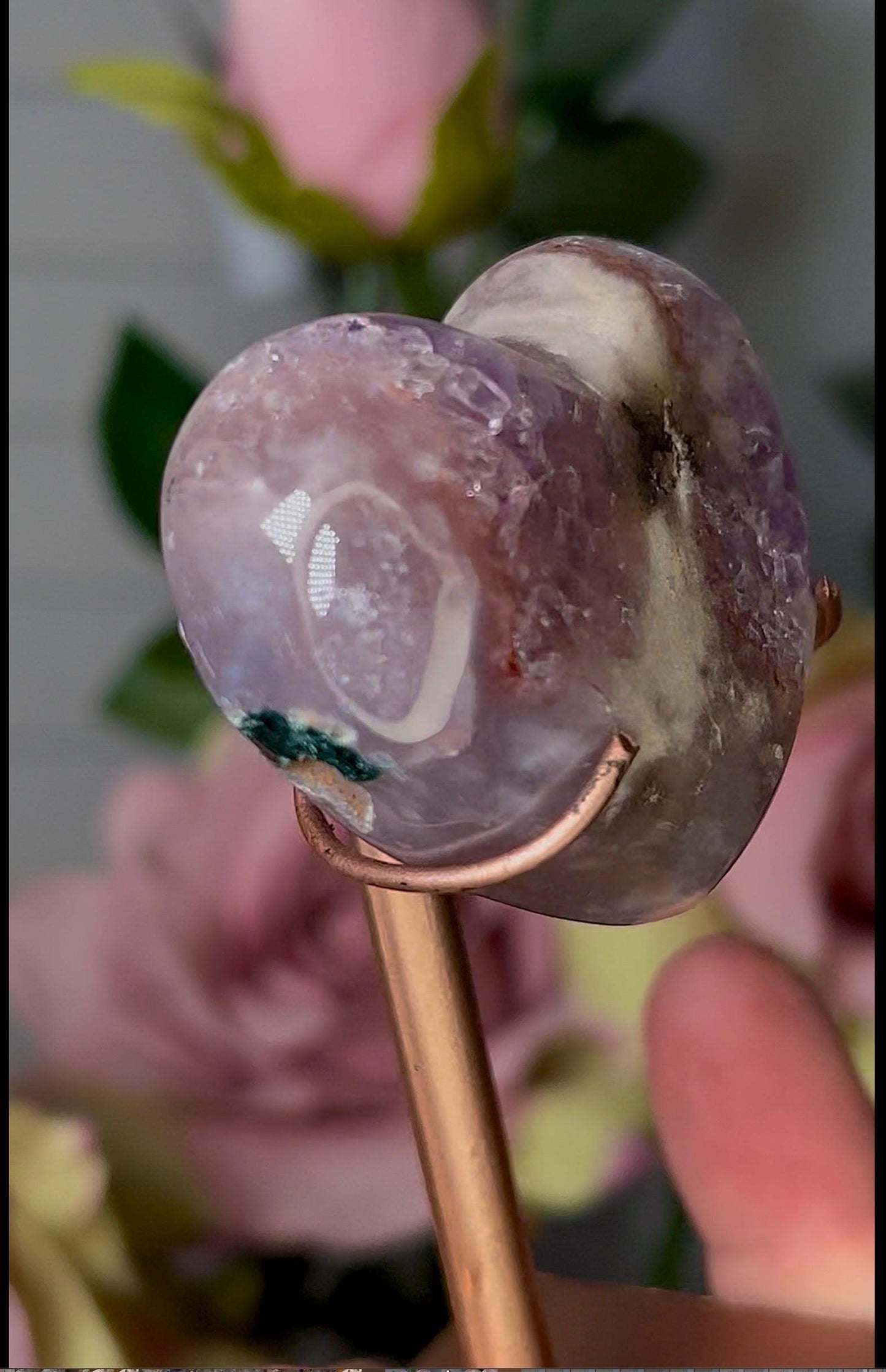 Cute, mini, pink amethyst heart on stand purple quartz & red hematite lining 74g with stand