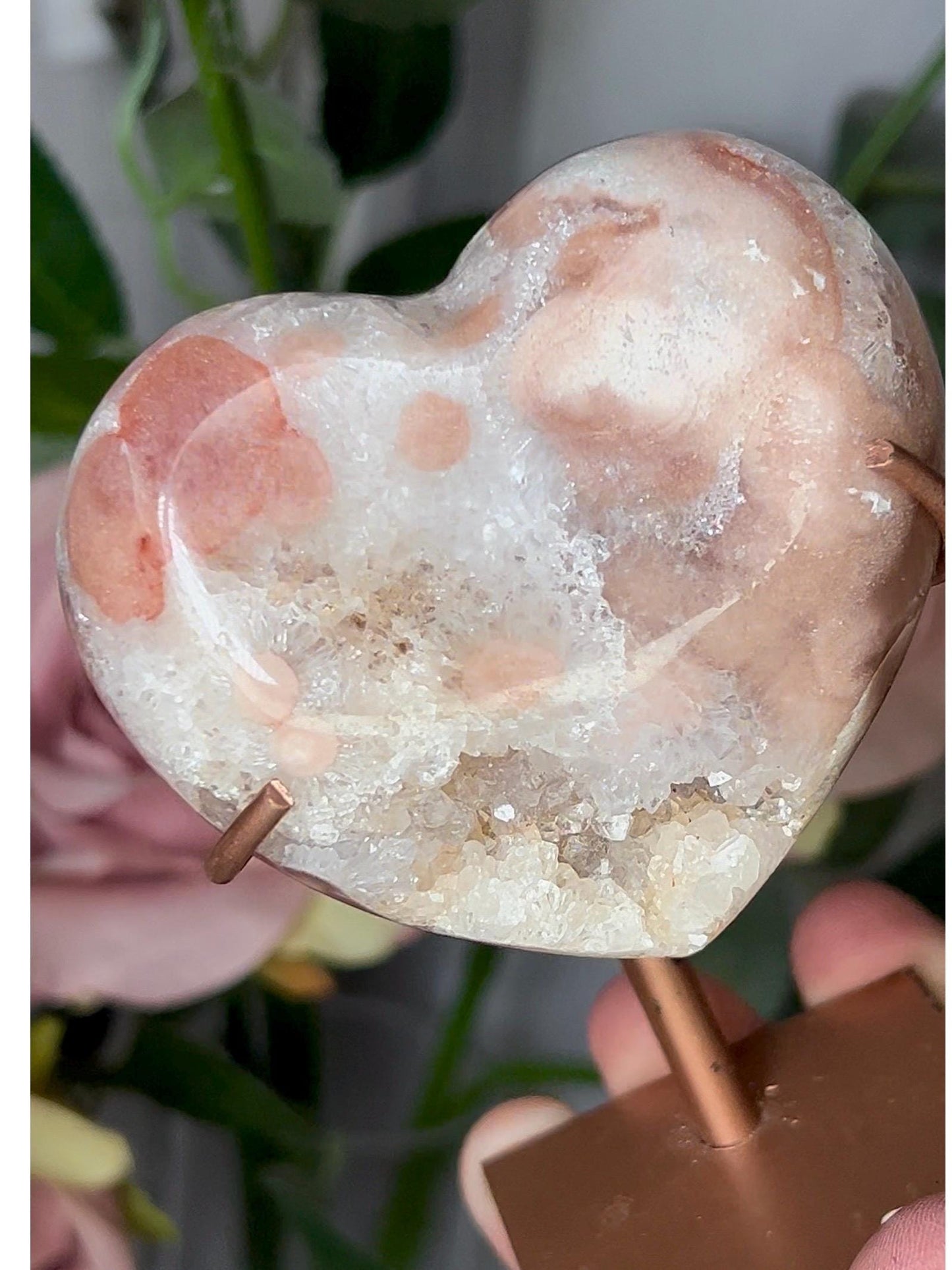 pink amethyst heart with quartz druzy comes with stand that is scratched (discount added)