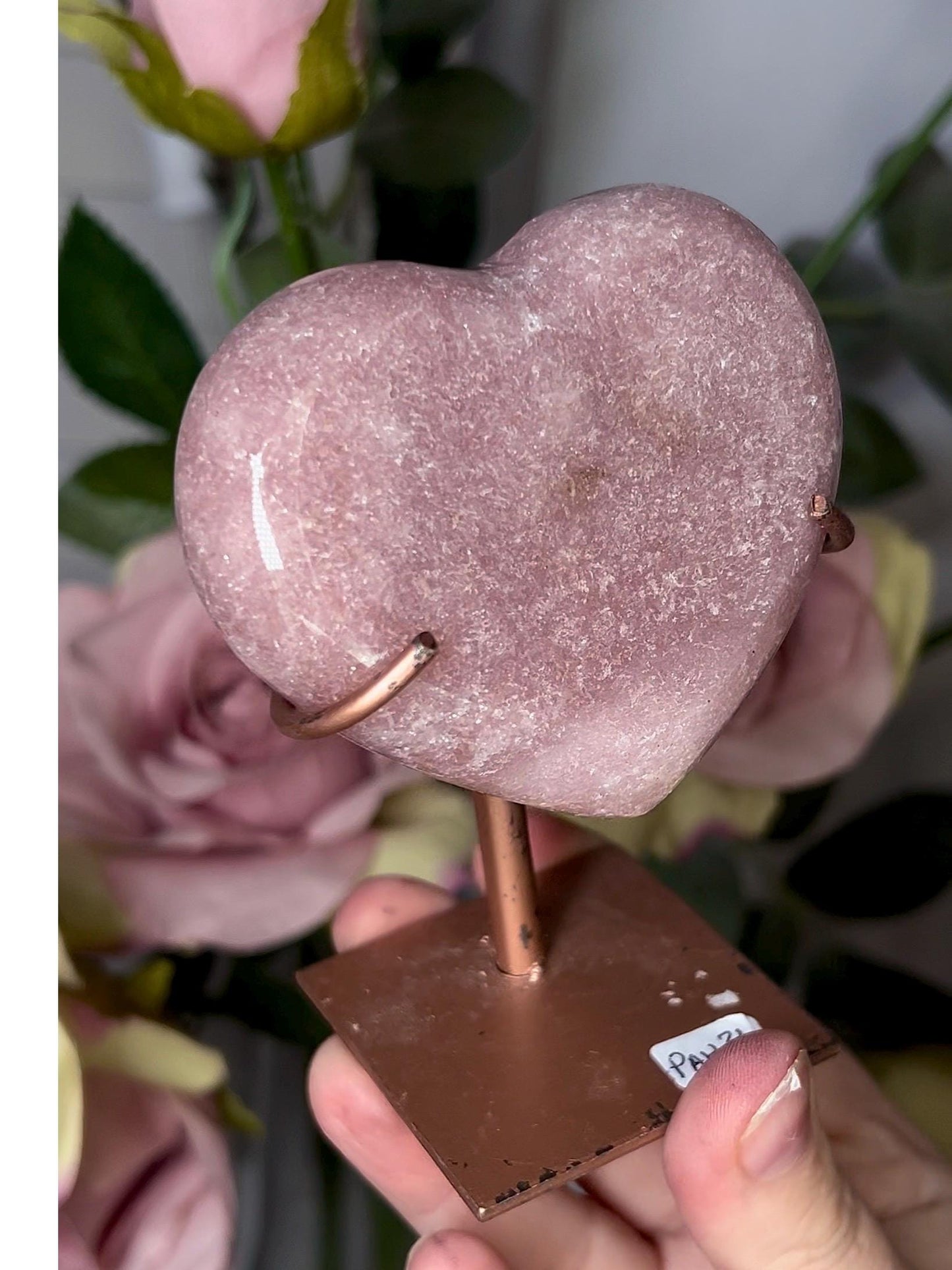 High grade, perfect pink amethyst heart on stand which may be scratched but can easily be repainted