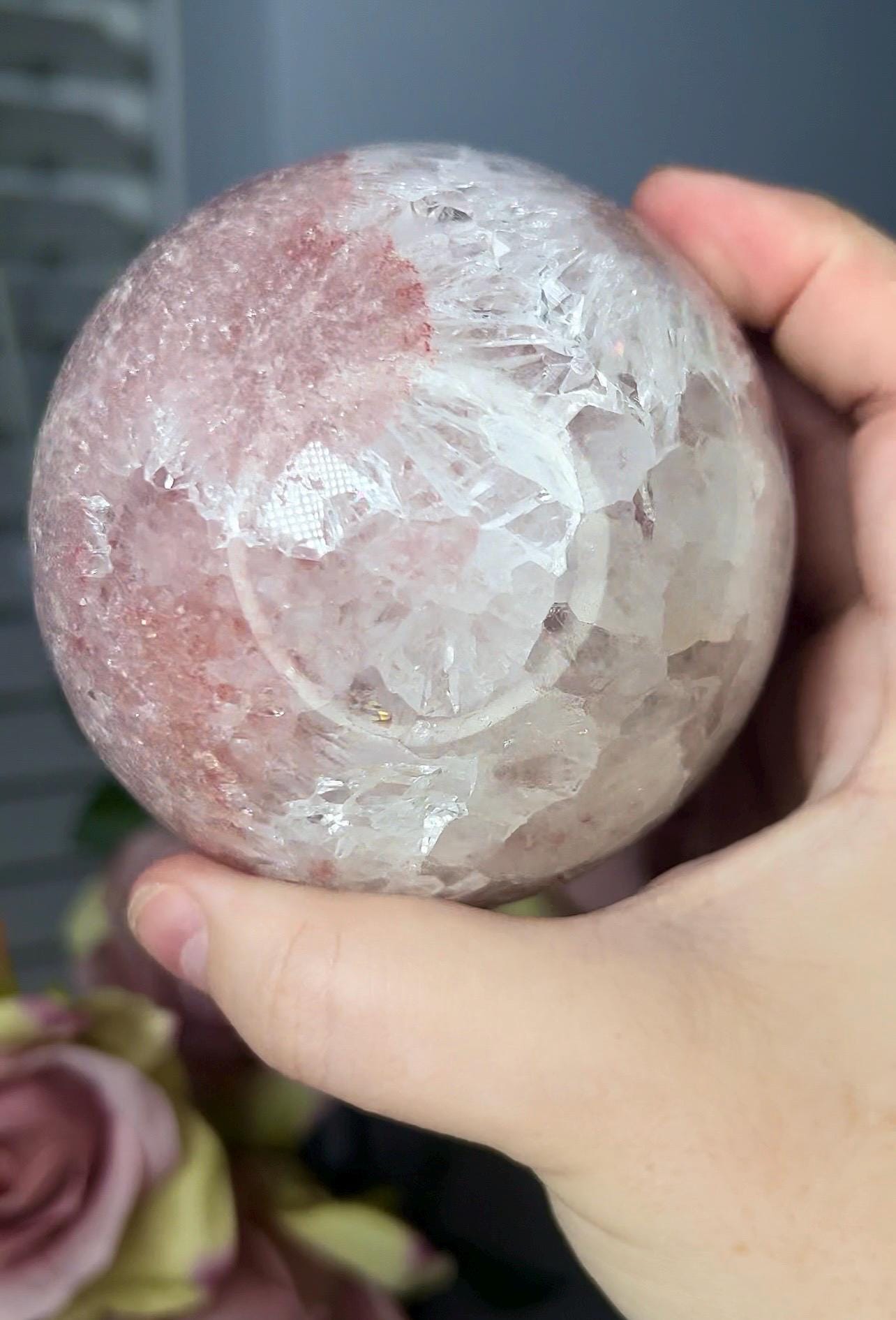 High grade, pink amethyst sphere with quartz and flower formations 928g