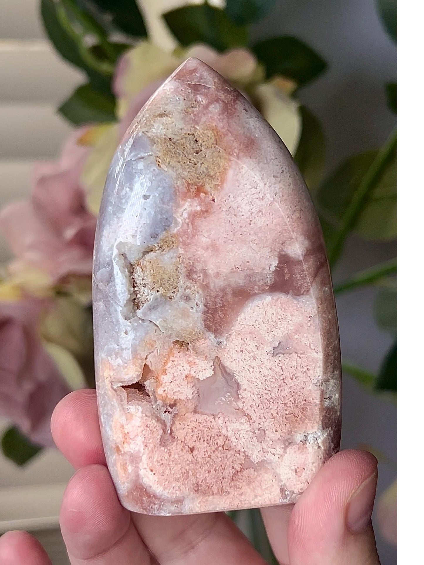 High grade, amazing peach and blue toned pink amethyst flame