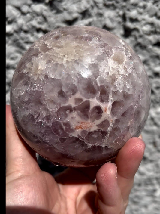 large, statement pink amethyst sphere with purple quartz ,jasper & sugar druzy with amazing quartz points