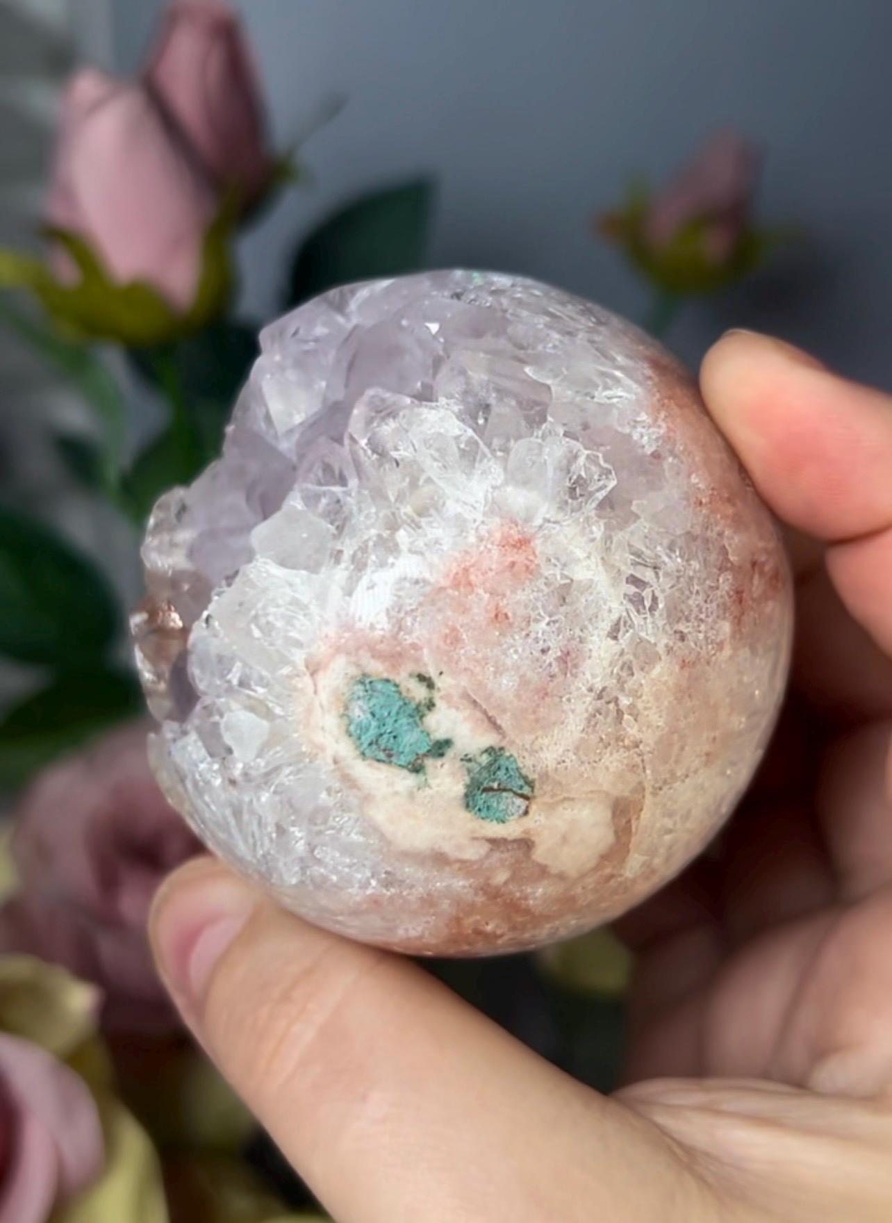 High grade, pink amethyst sphere with high clarity, rainbow, quartz teeth 429g