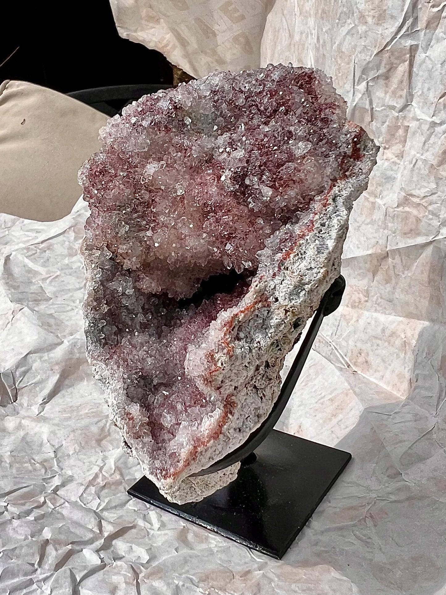 high grade, pink amethyst geode with red and pink toned sugar druzy stand
