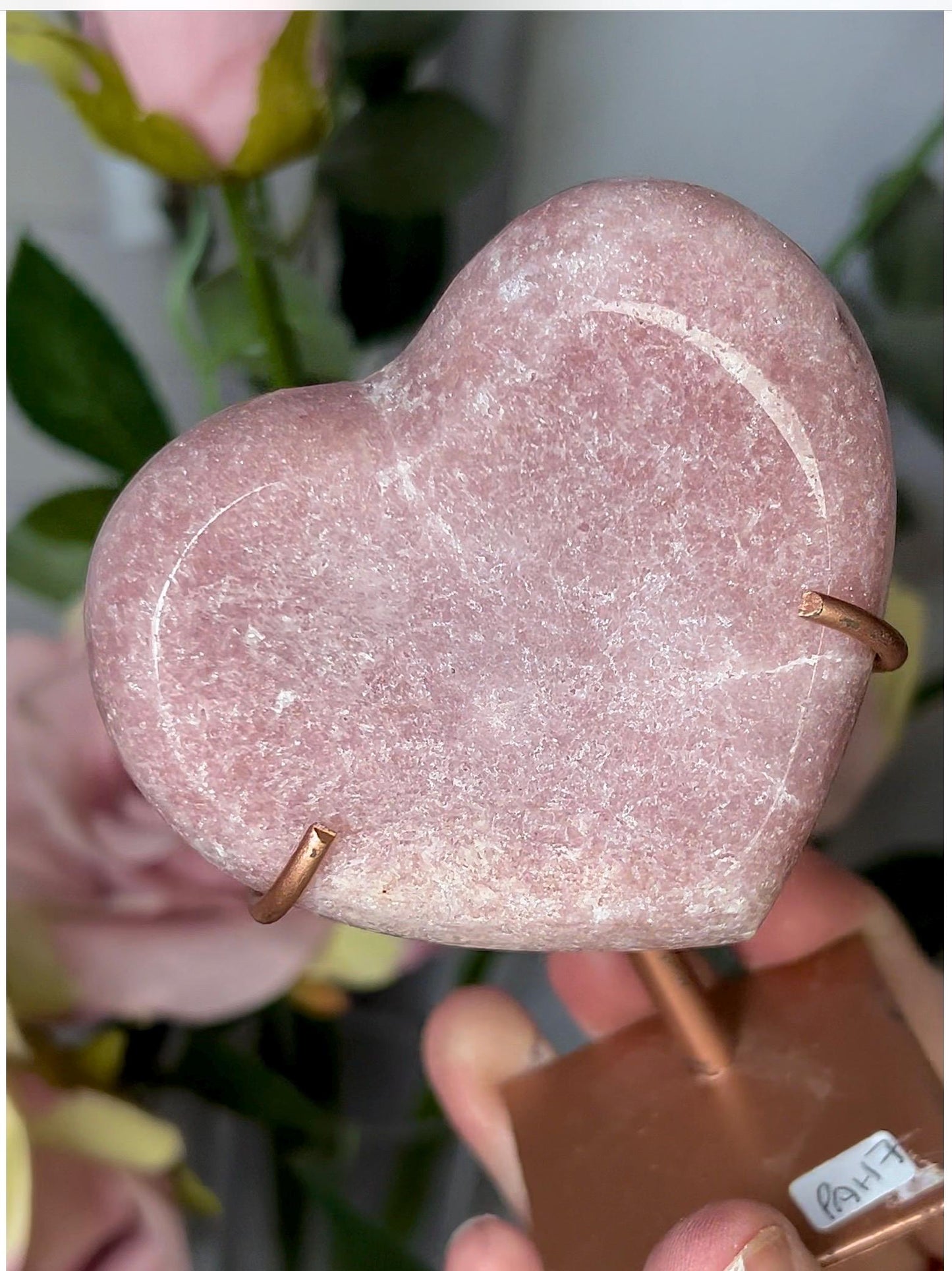 High grade, perfect pink amethyst heart on stand which may be scratched but can easily be repainted