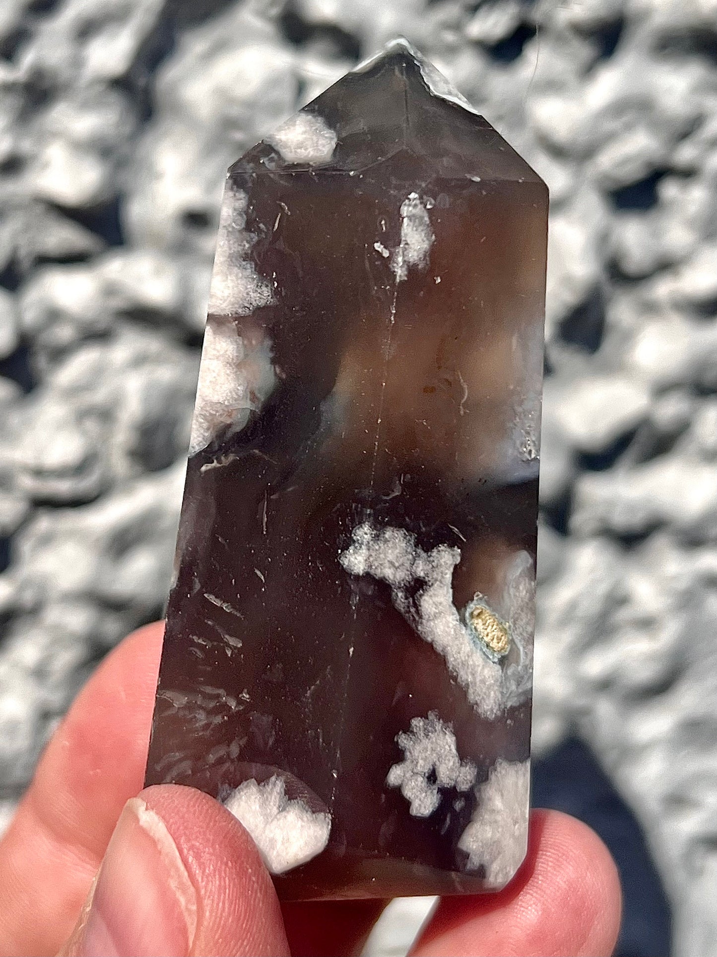 black flower agate tower with druzy cave