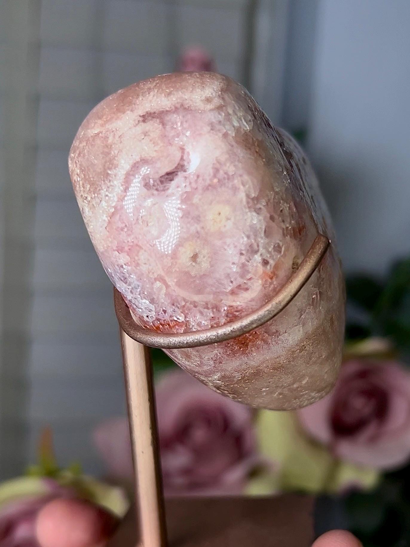 High grade, pink amethyst heart with purple quartz & hematite lining with stand