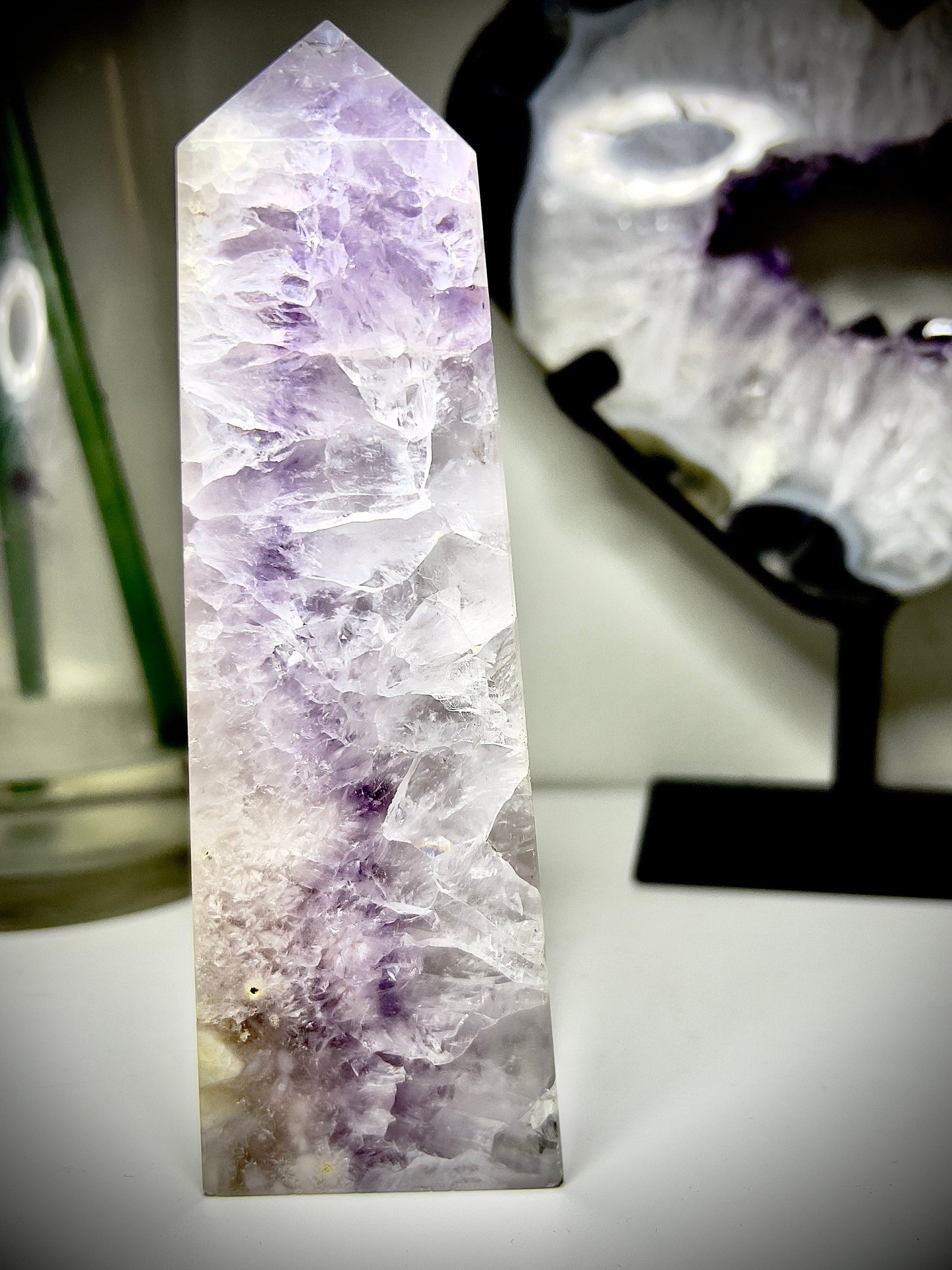 Super high quality amethyst x flower agate tower 320g 14cm