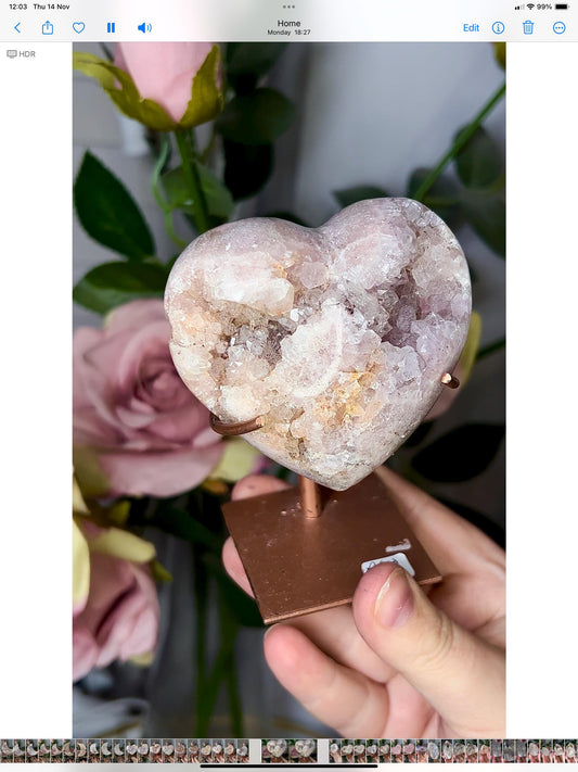 pink amethyst heart with quartz druzy comes with stand that is scratched (discount added)