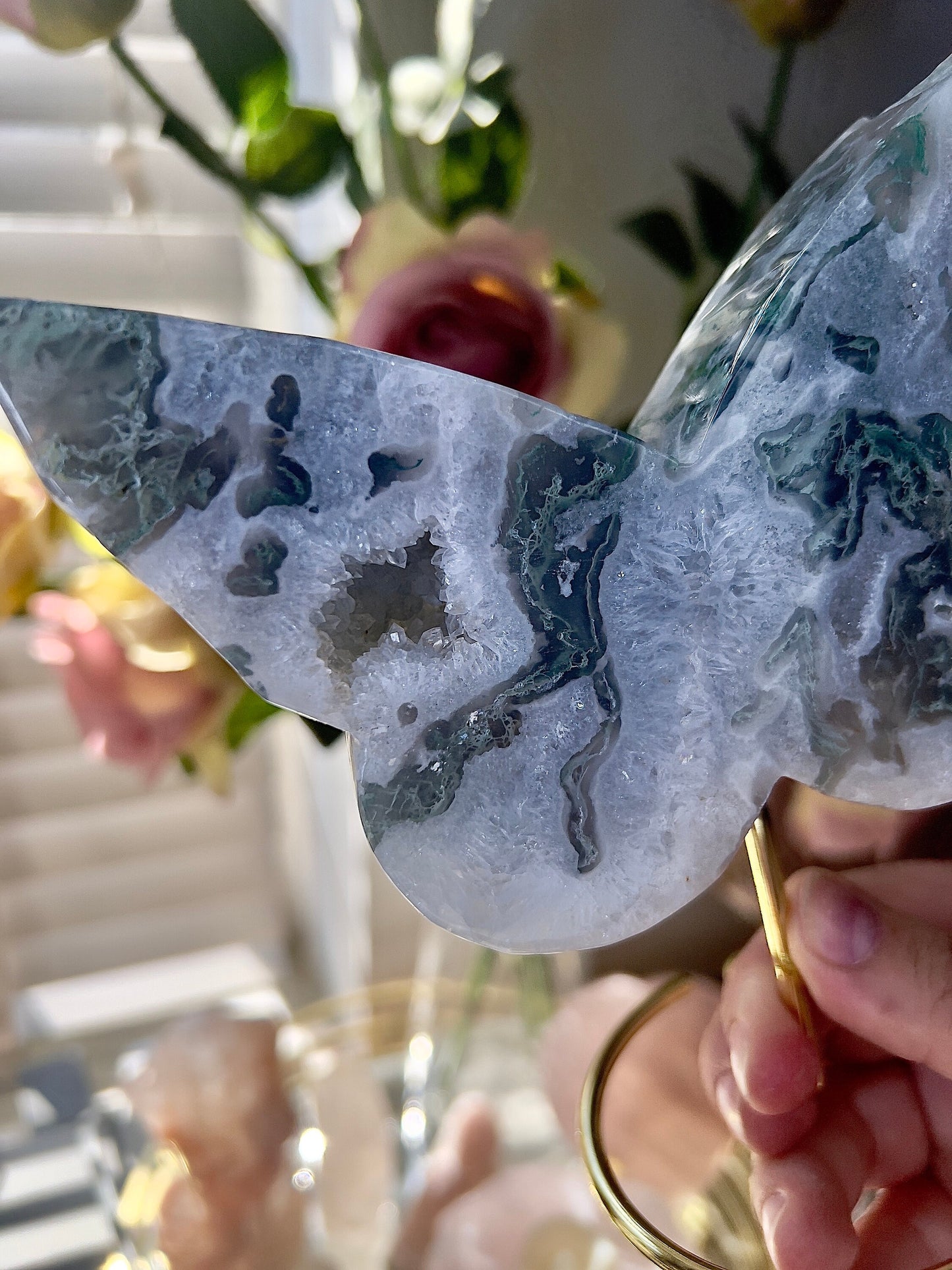 High grade, moss agate butterfly with gold pedestal stand