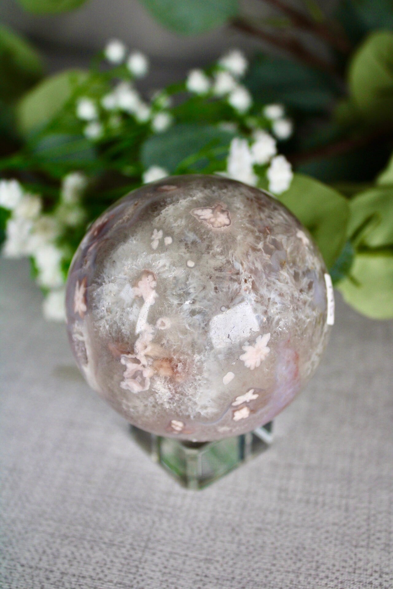 High quality, chlorite x flower agate sphere 535G 7CM
