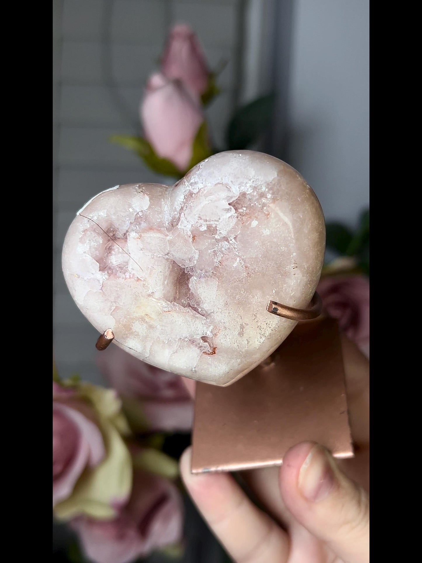 pink amethyst heart with quartz druzy comes with stand that is scratched (discount added)