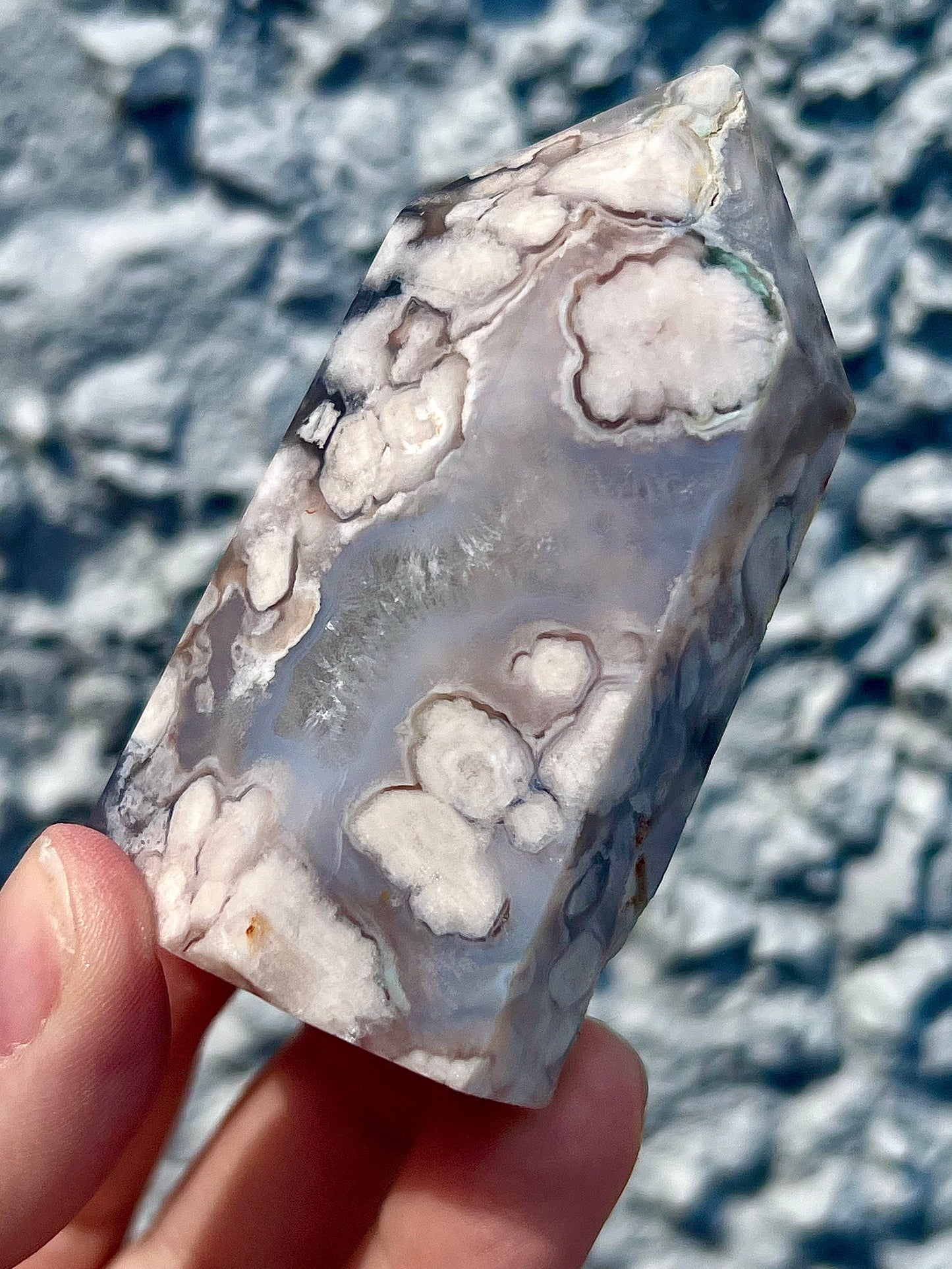 Black & pink flower agate tower - half price due to damaged tip