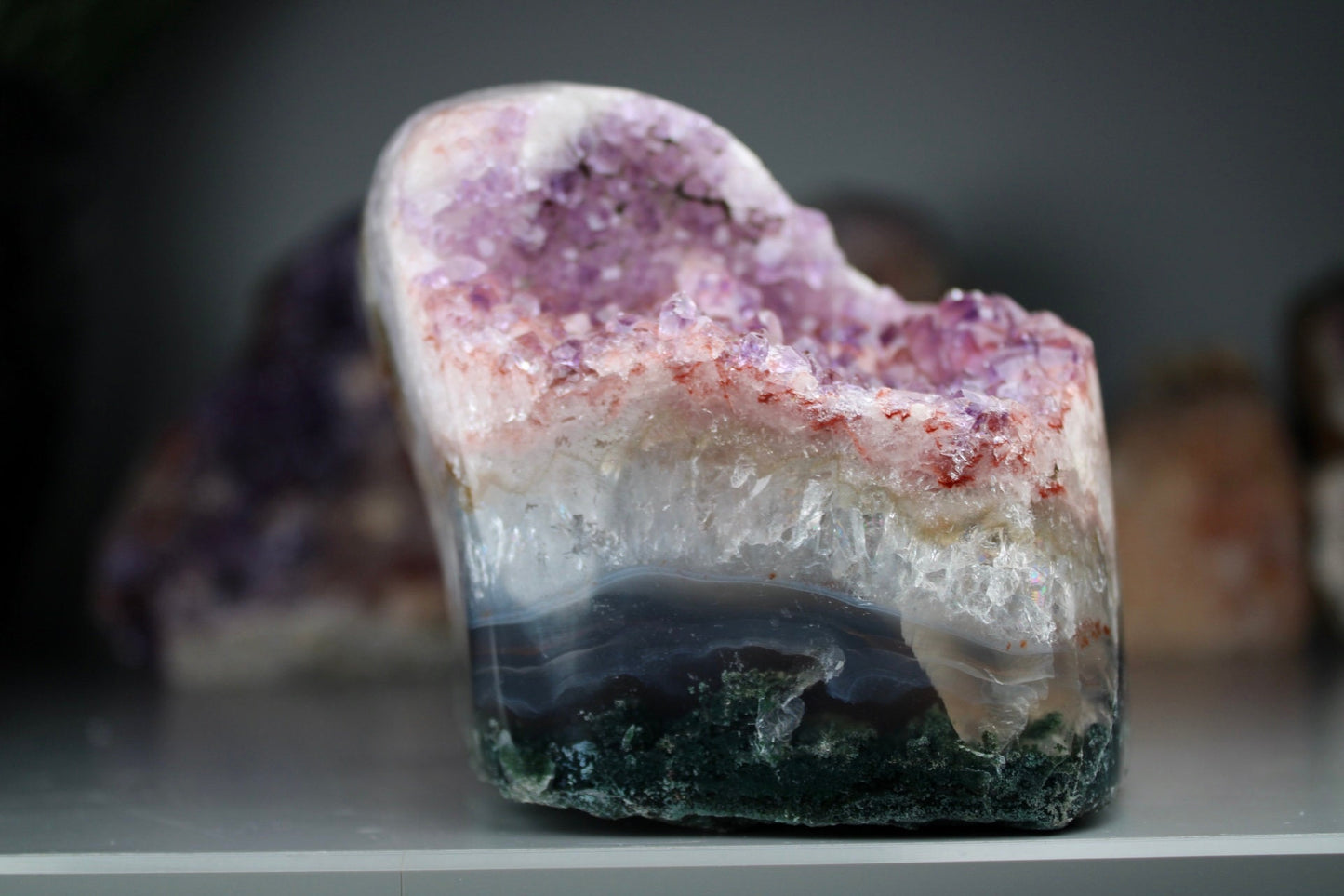Incredible, berry, pink amethyst, agate, freeform withy quartz that is full of rainbows and moss agate, green jasper