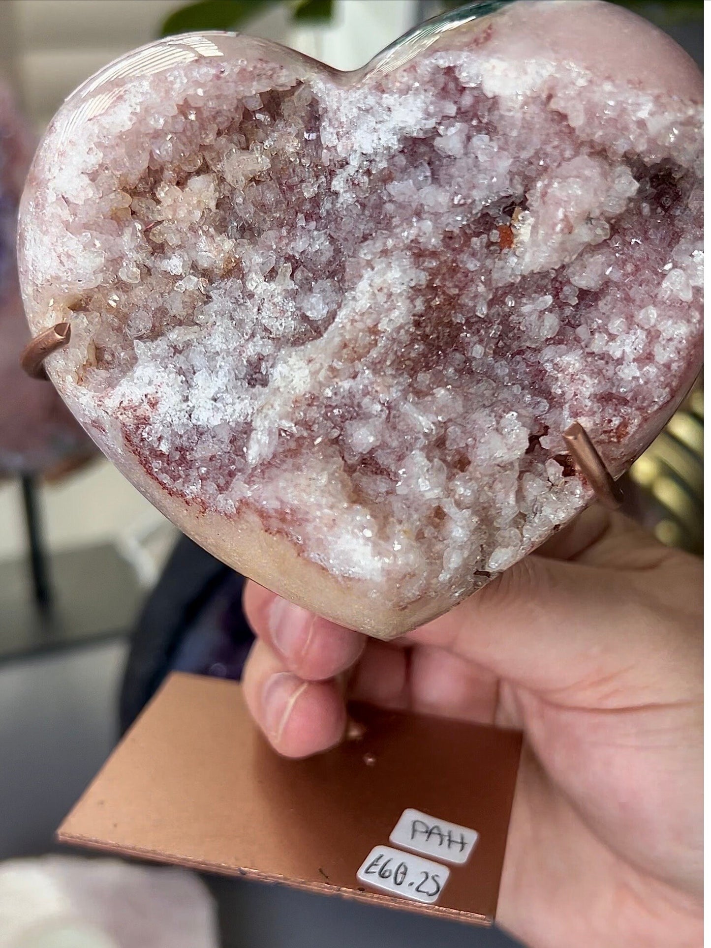 pink amethyst with red druzy and green jasper on a custom stand