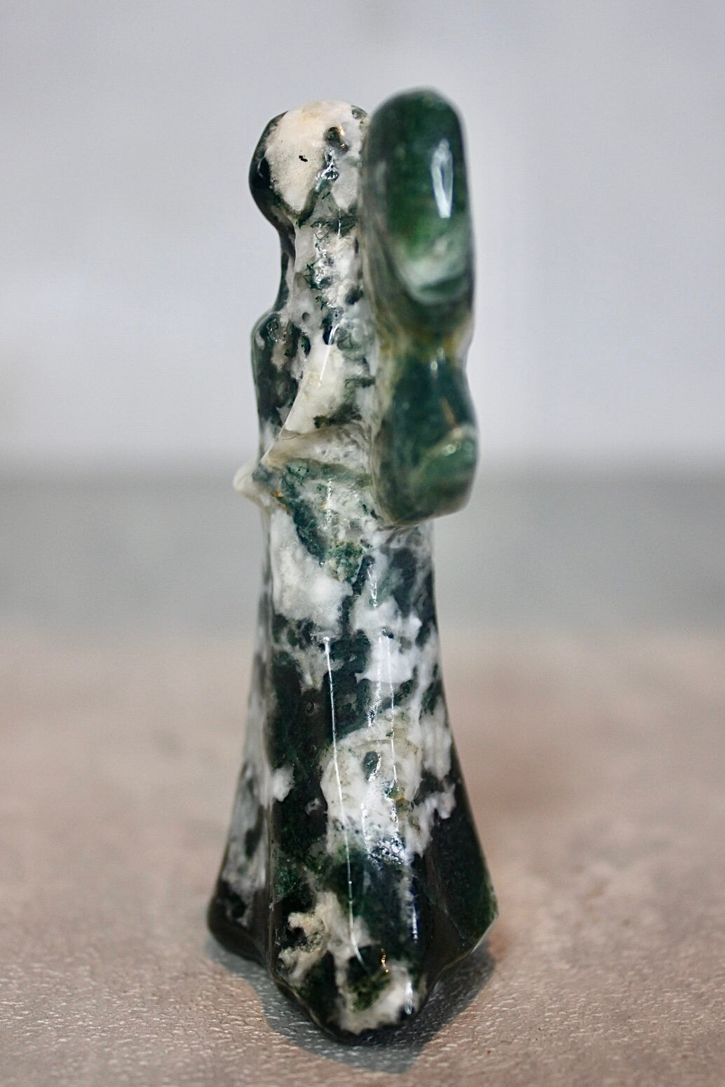 Moss agate, fairy, carving 8cm (h)