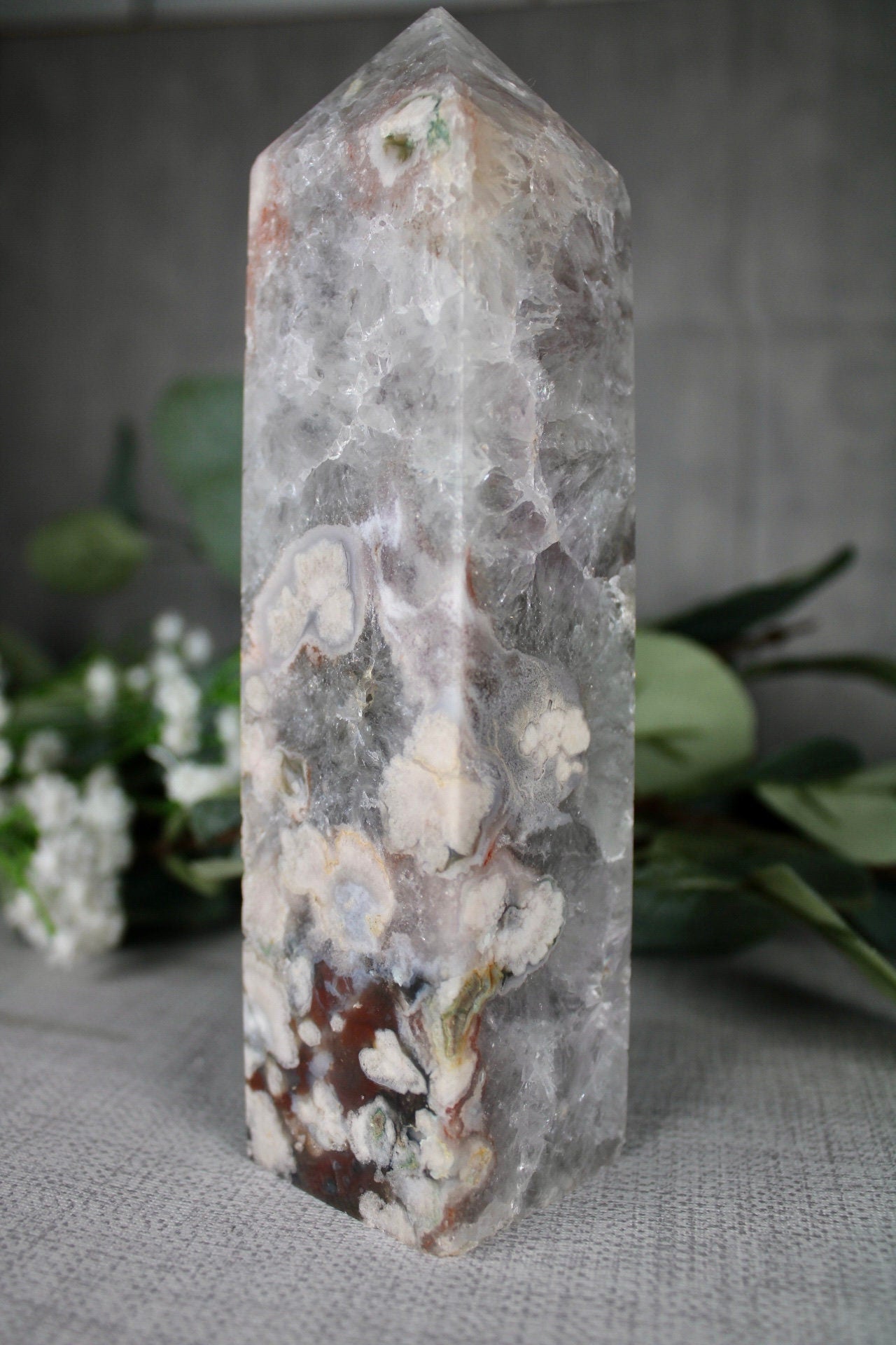 Green chlorite x flower agate tower 635g 16.5cm (H) 4.5cm (W)