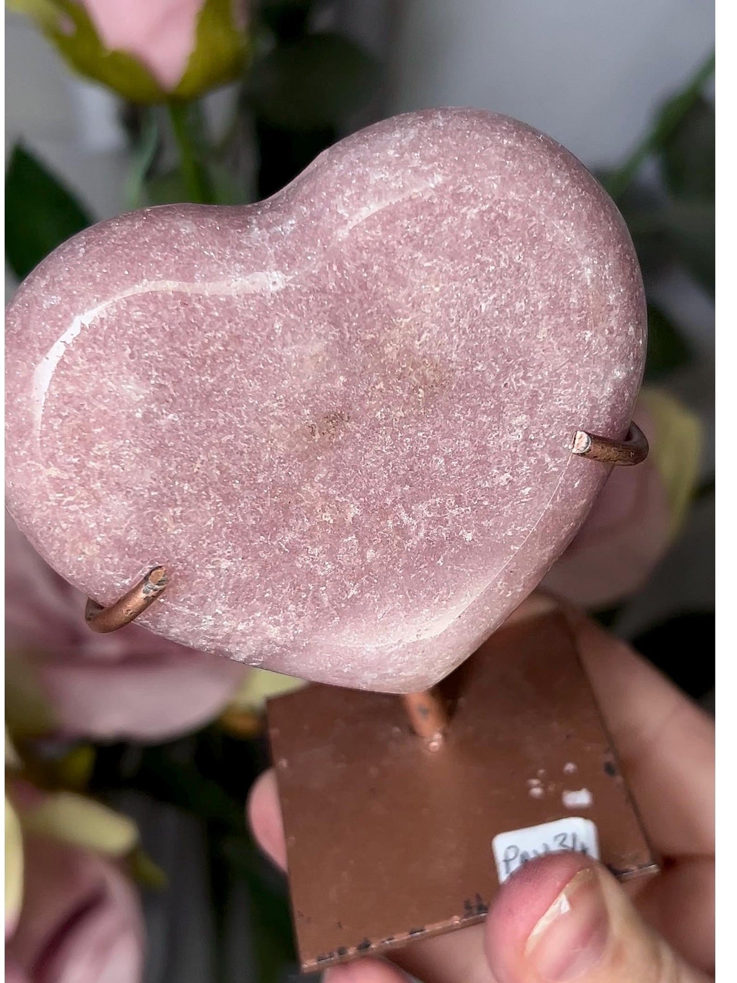 High grade, perfect pink amethyst heart on stand which may be scratched but can easily be repainted