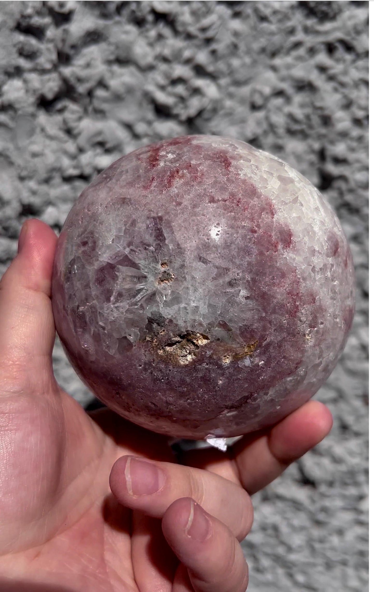 large, statement, pink amethyst sphere, with big, chunky, quartz teeth, cave 1.342kg