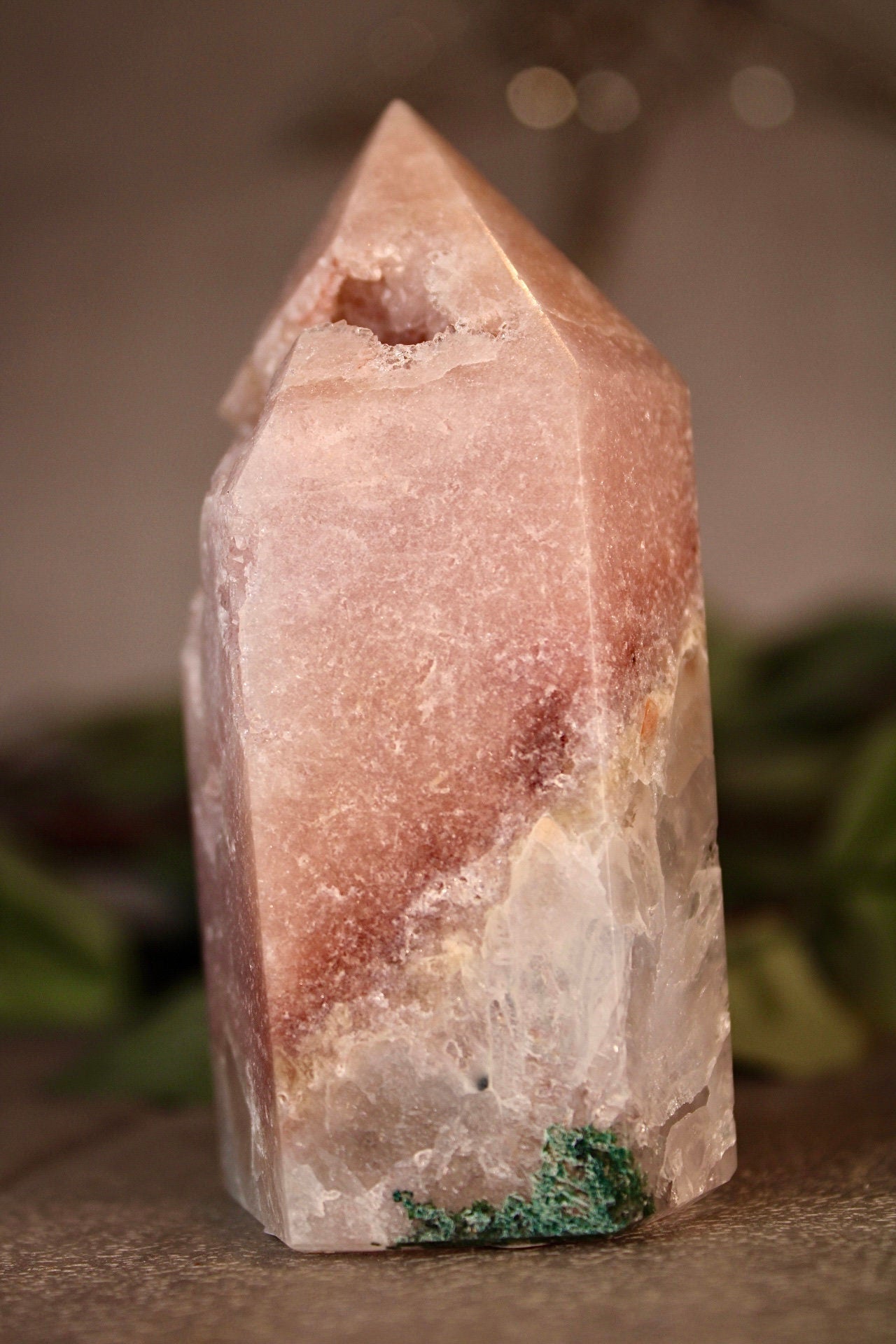 High grade pink amethyst tower with quartz bottom 295g 9.5cm tall