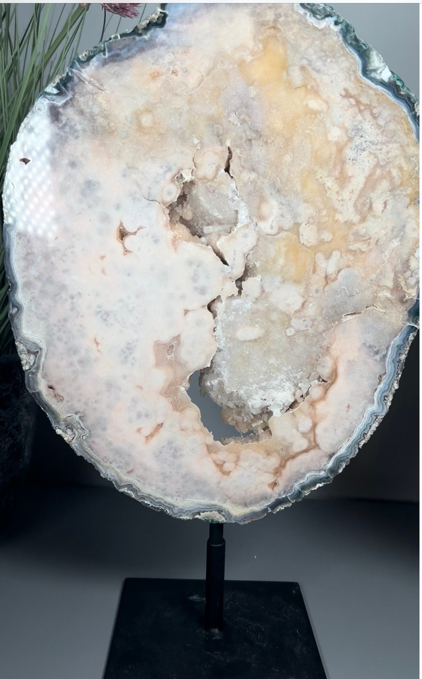 High grade, round pink amethyst slab with green jasper edging & rare cubic calcite inclusions