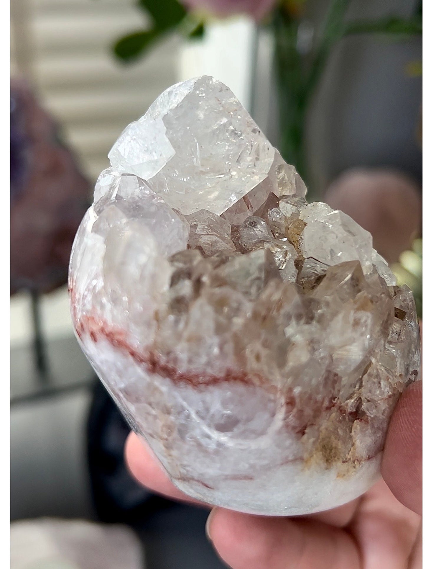 pink amethyst freeform, with hematite banding, and chunky quartz teeth