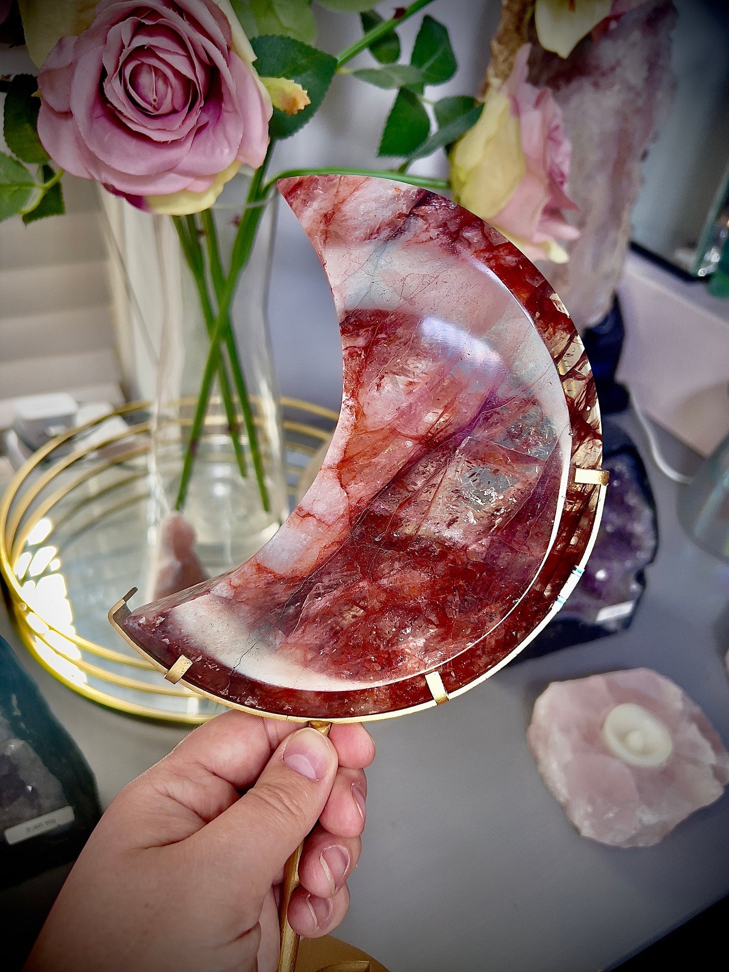 large, high grade, red fire quartz moon on stand