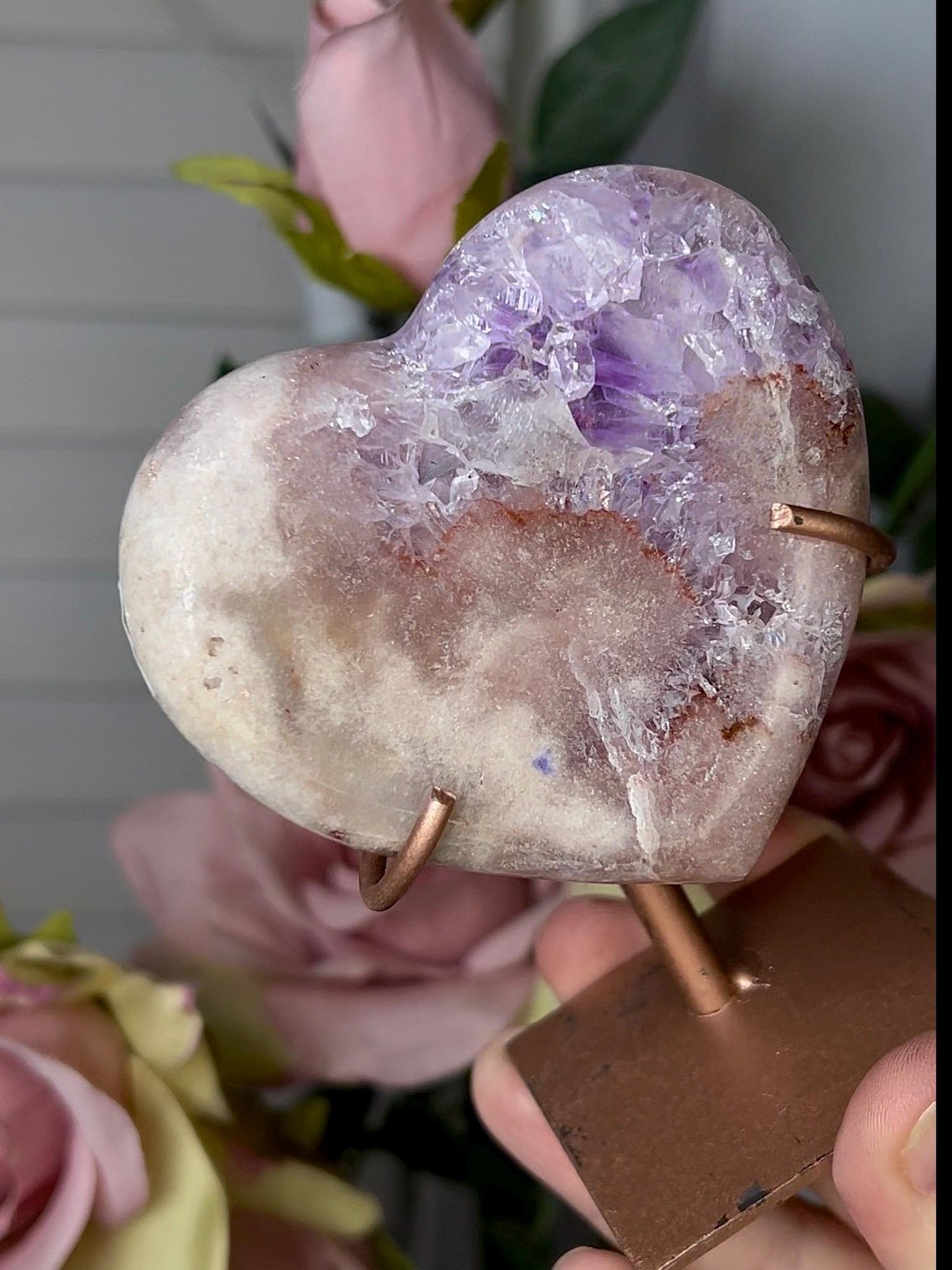 High grade, pink amethyst heart with purple quartz on stand (can be displayed with either side showing) 209g