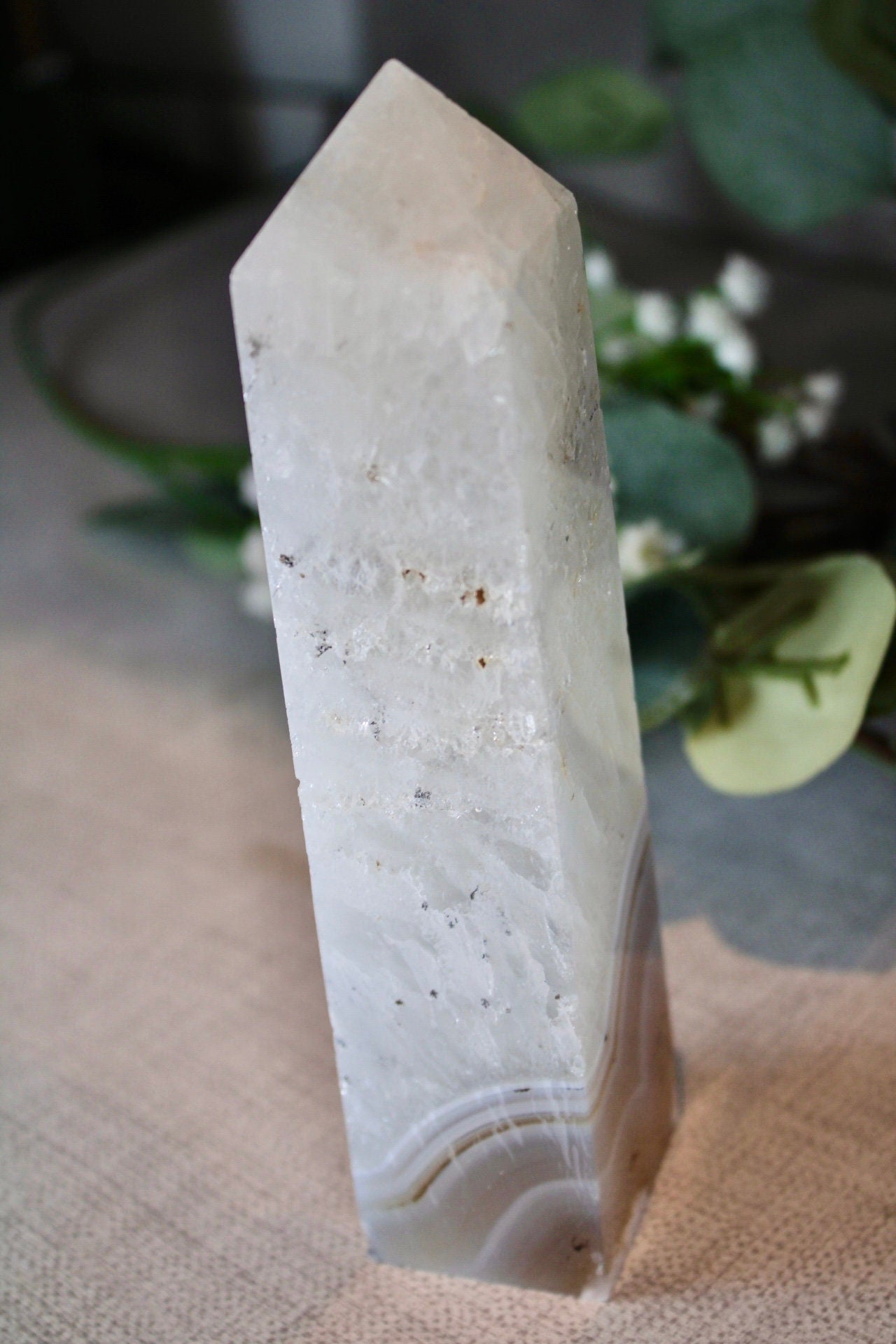 Blue banded agate with quartz tower