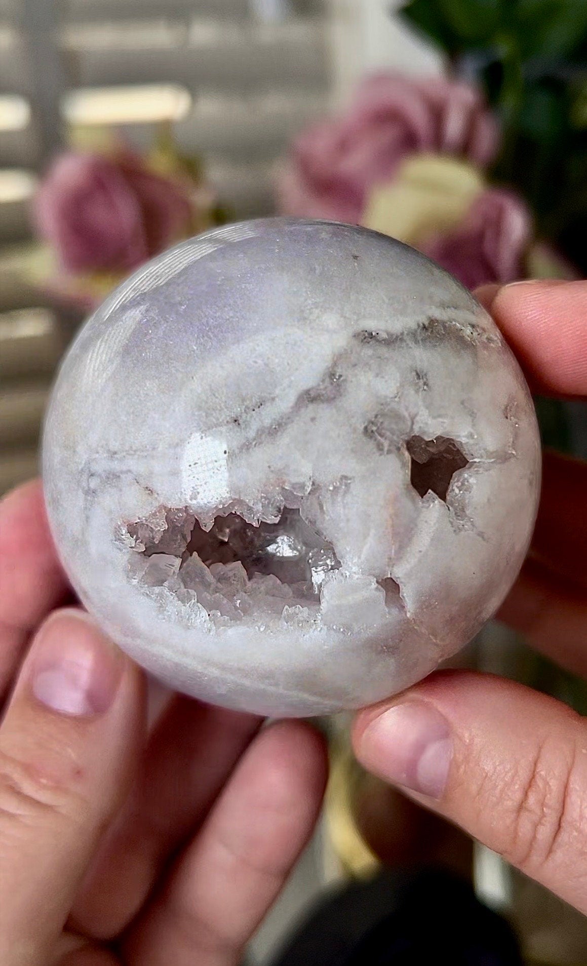 light pink amethyst sphere with chunky, druzy, teeth 380g